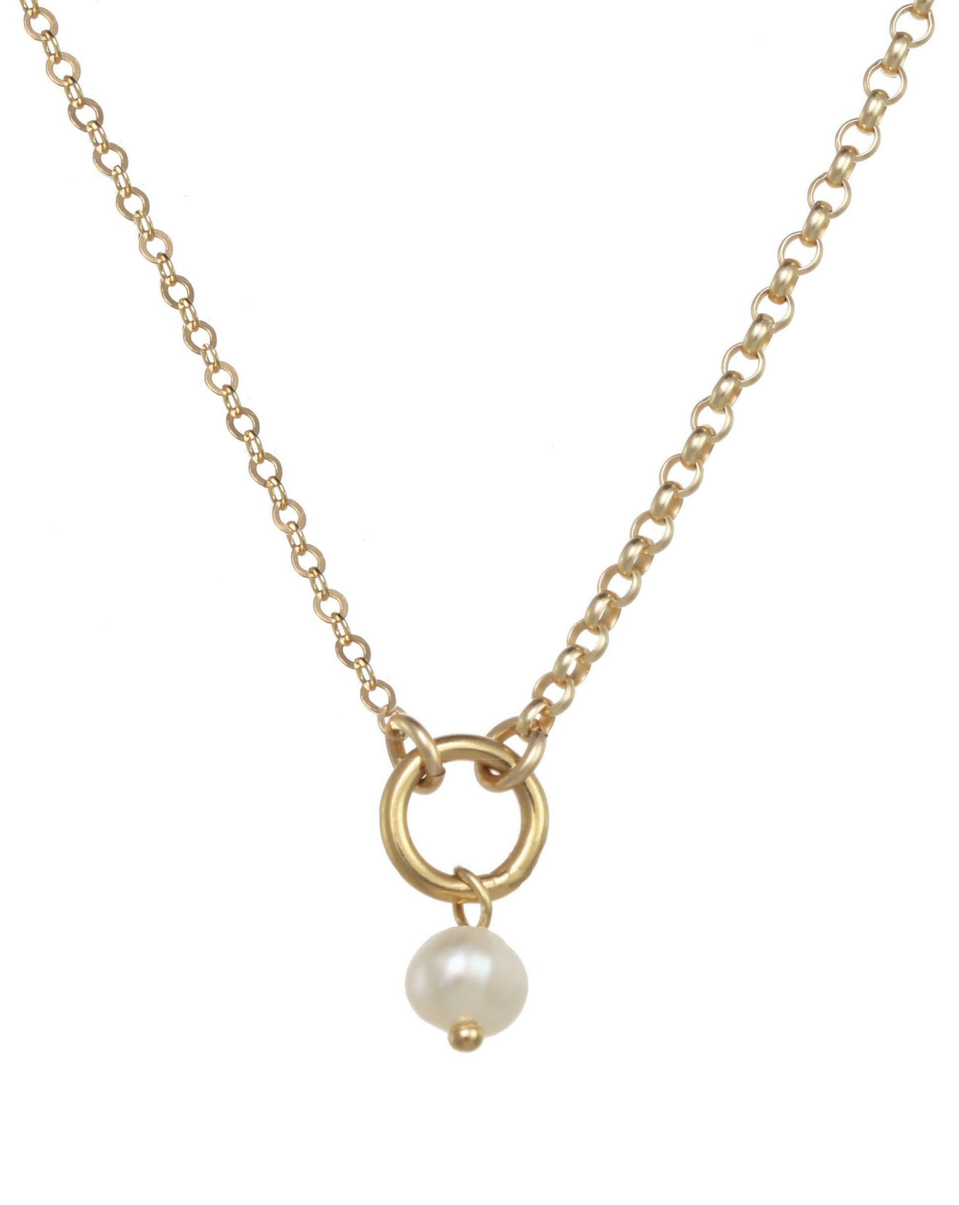 Divya Necklace by KOZAKH. A 16 to 18 inch adjustable length necklace in 14K Gold Filled, featuring a white 3-4mm pearl.