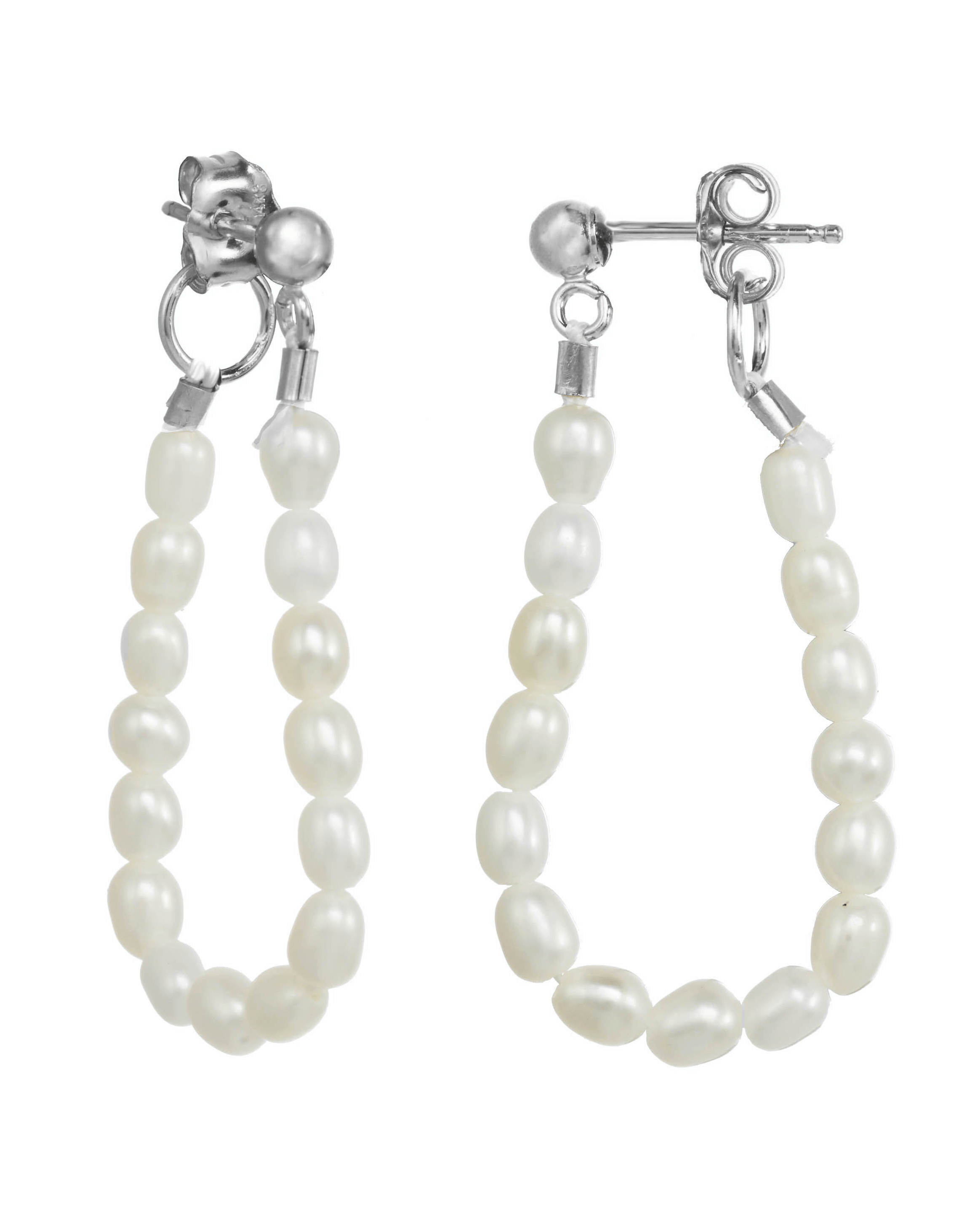 Dream Earrings by Kozakh. 3mm ball earring stud, crafted in Sterling Silver, featuring a 1 inch drop length of 3mm white Rice Pearls.