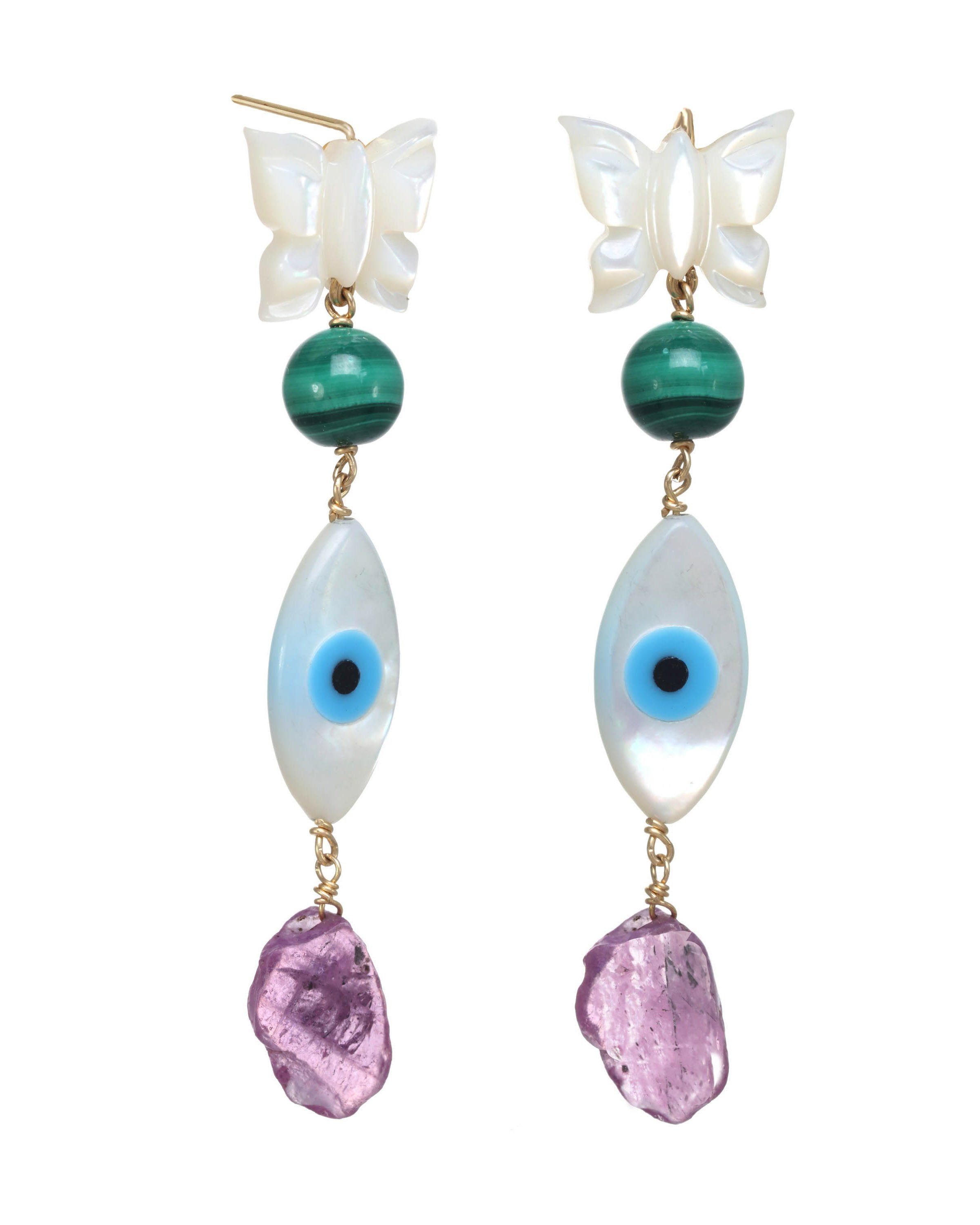 Dulce Earrings by KOZAKH. 3 inch drop dangling earrings, crafted in 14K Gold Filled, featuring a Mother of Pearl Butterfly charm, a round cut Malachite, a hand-carved Mother of Pearl eye charm, and a Pink Tourmaline shard.