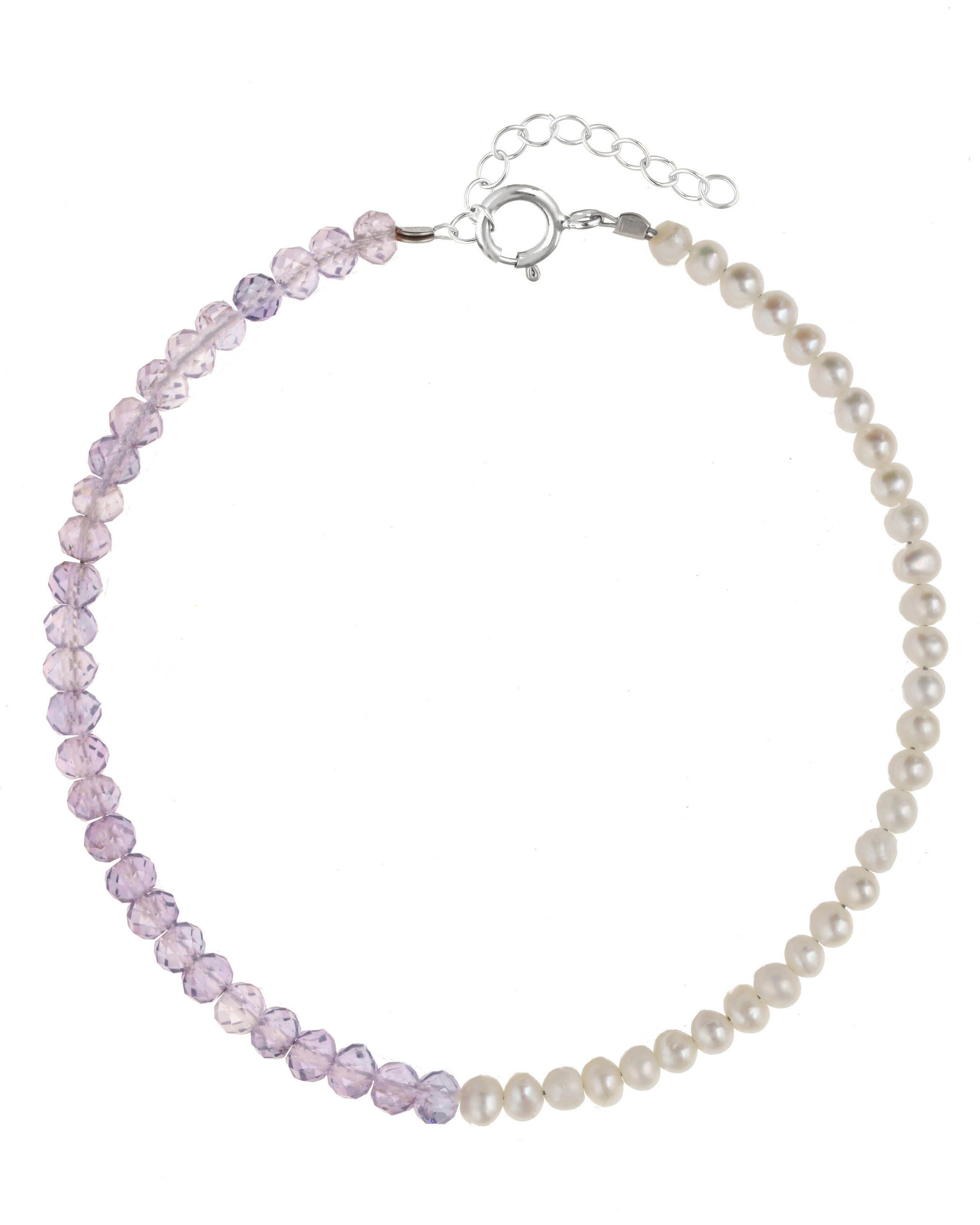 Elo Bracelet by KOZAKH. A 6 to 7 inch adjustable length bracelet, crafted in Sterling Silver. Half of the bracelet strand features 3.5mm Freshwater Pearls and 3.5mm Faceted Amethyst beads on the other half.