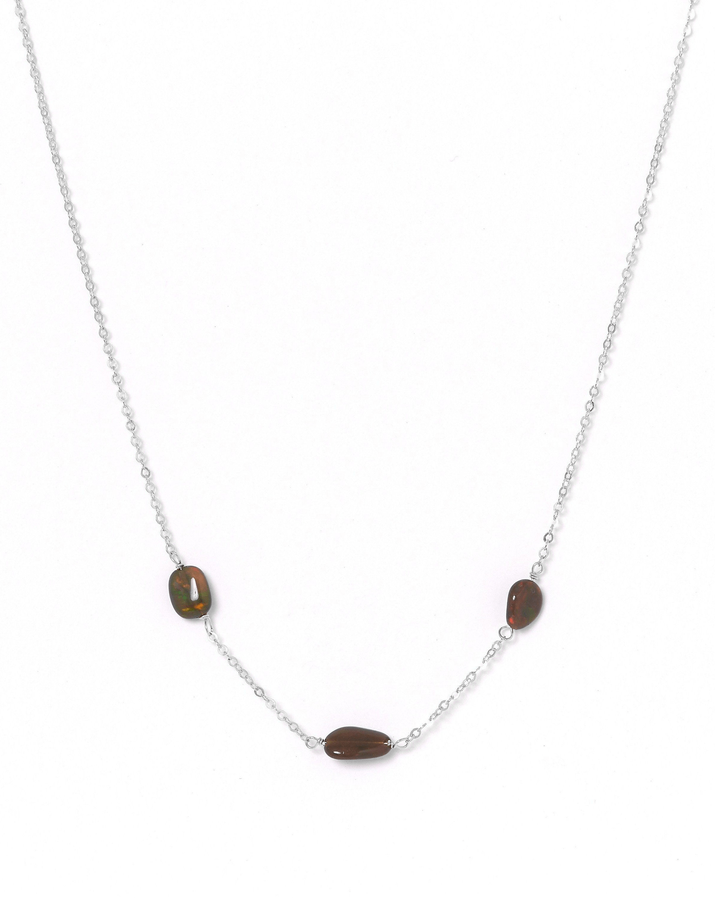 Erin Fire Necklace by KOZAKH. A 16 to 18 inch adjustable length necklace in Sterling Silver, featuring 4mm to 5mm smooth Black Opal gems.