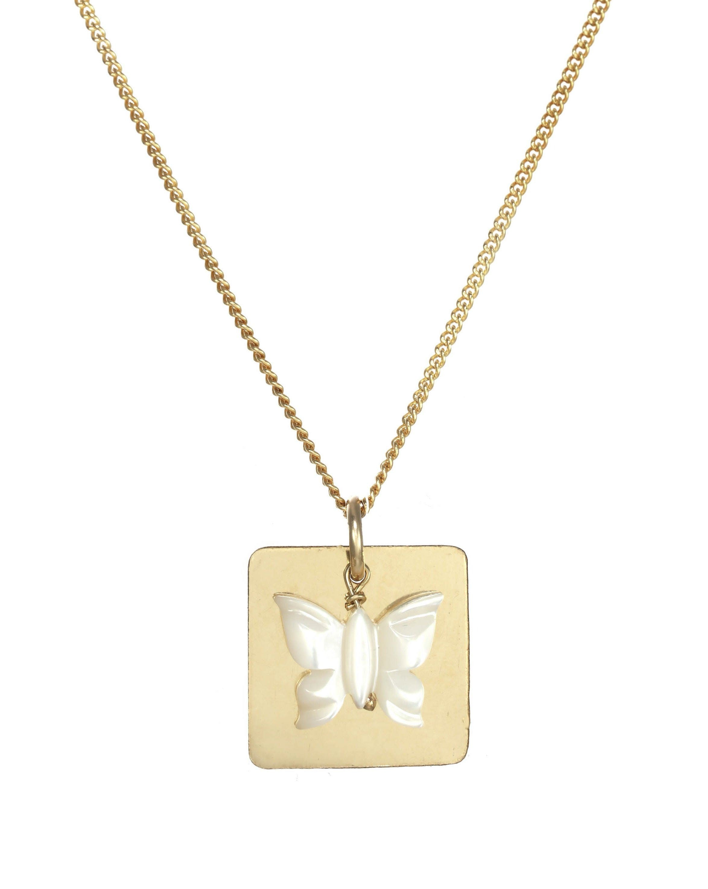 Esperanza Necklace by KOZAKH. An 18 to 20 inch adjustable length necklace in 14K Gold Filled, featuring a Mother of pearl butterfly charm and a 16mm Square pendant.