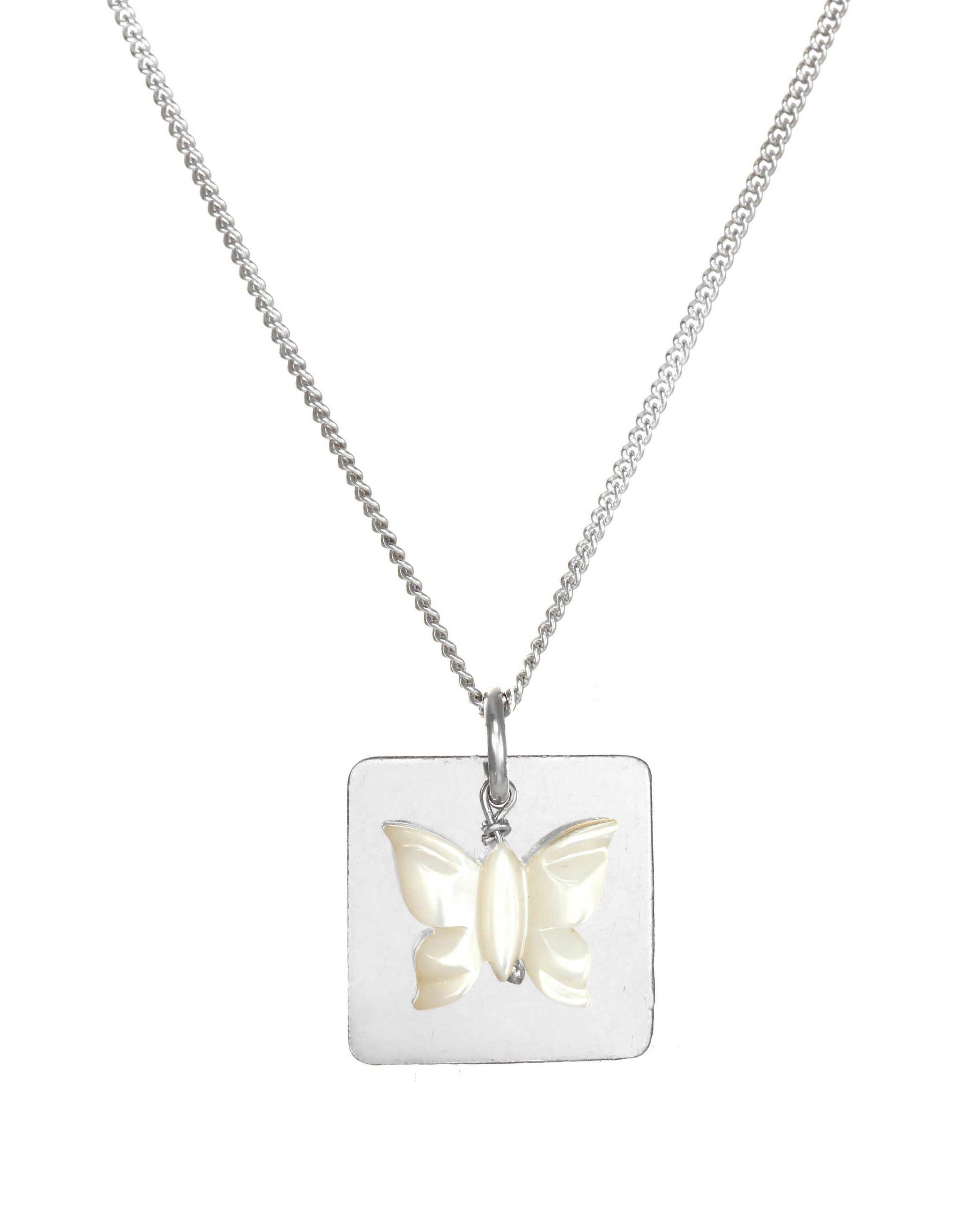 Esperanza Necklace by KOZAKH. An 18 to 20 inch adjustable length necklace in Sterling Silver, featuring a Mother of pearl butterfly charm and a 16mm Square pendant.
