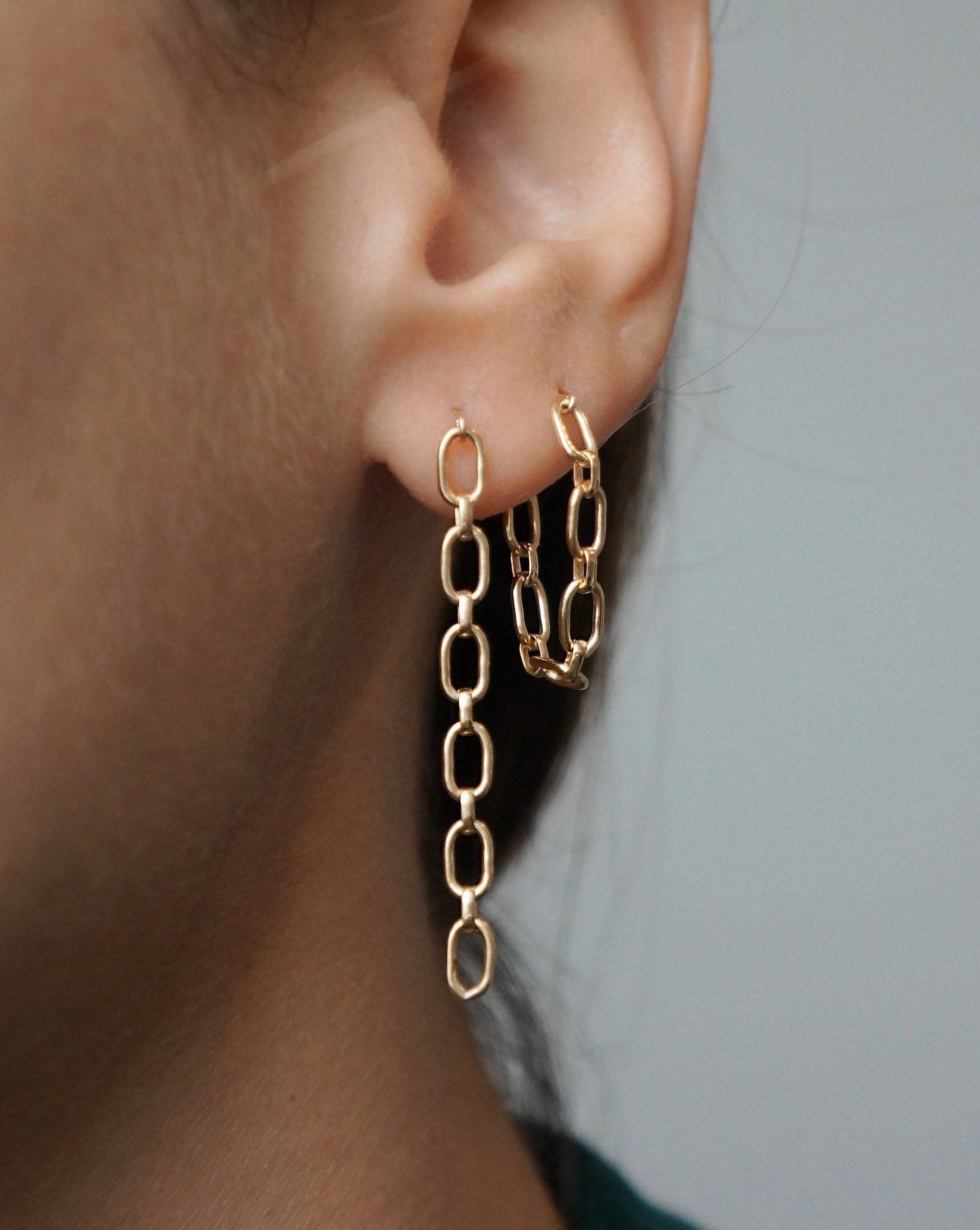 Finito Earrings by KOZAKH. 1.5 inch drop chain earrings, crafted in 14K Gold Filled.