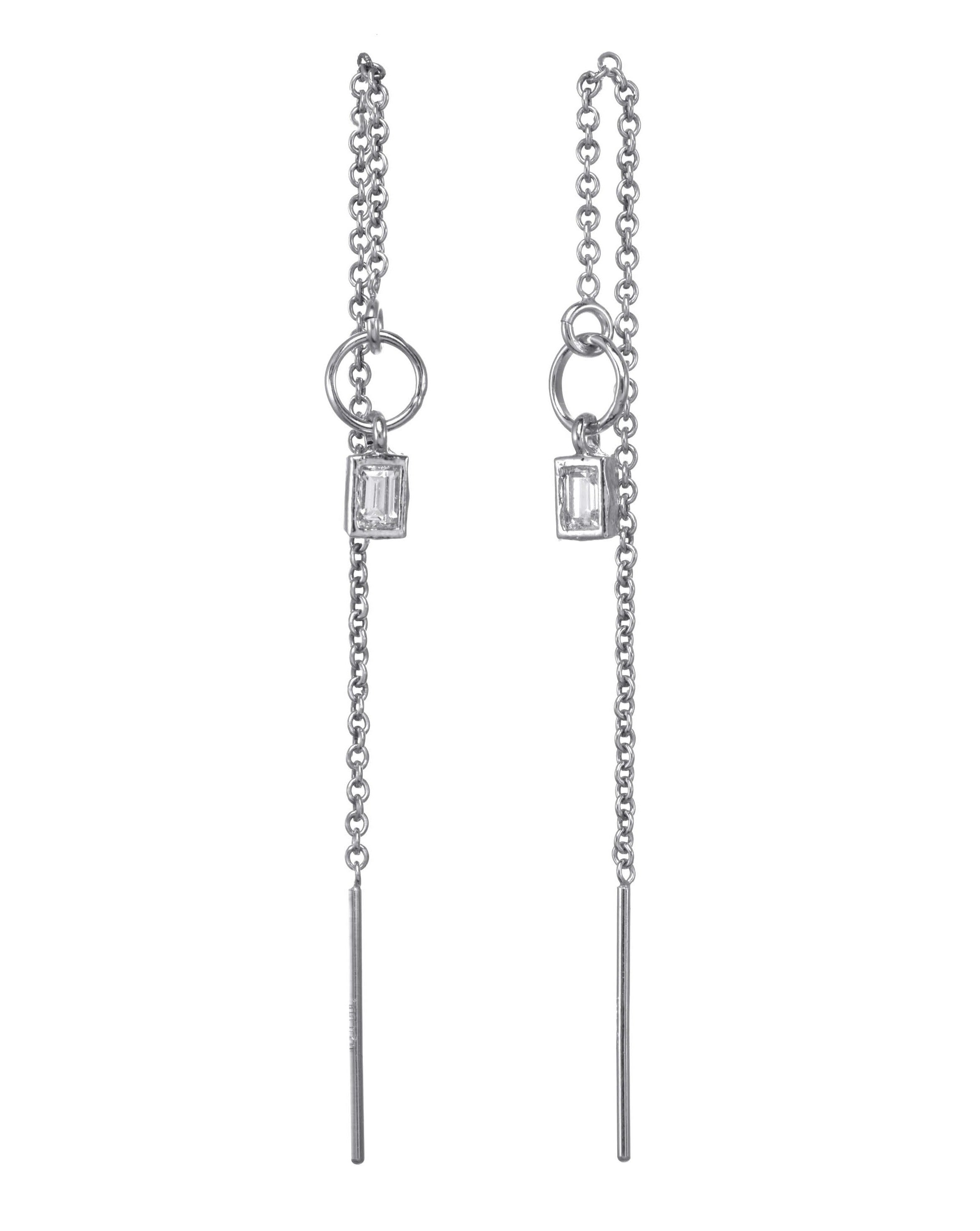 Grace Threaders by KOZAKH. Threader style earrings with drop length of 1 inch on both sides, crafted in Sterling Silver, featuring a square cut Cubic Zirconia.
