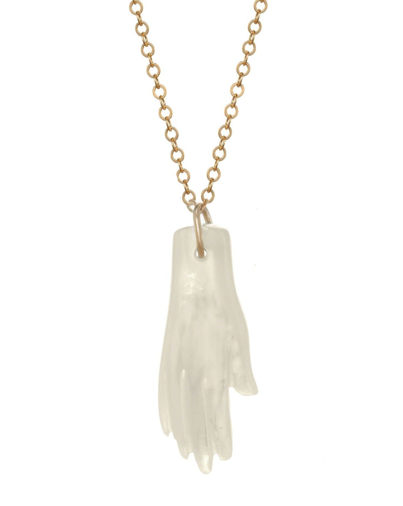 Hana Necklace by KOZAKH. A 16 to 18 inch adjustable length necklace in 14K Gold Filled, featuring a hand-carved Mother of Pearl hand charm.