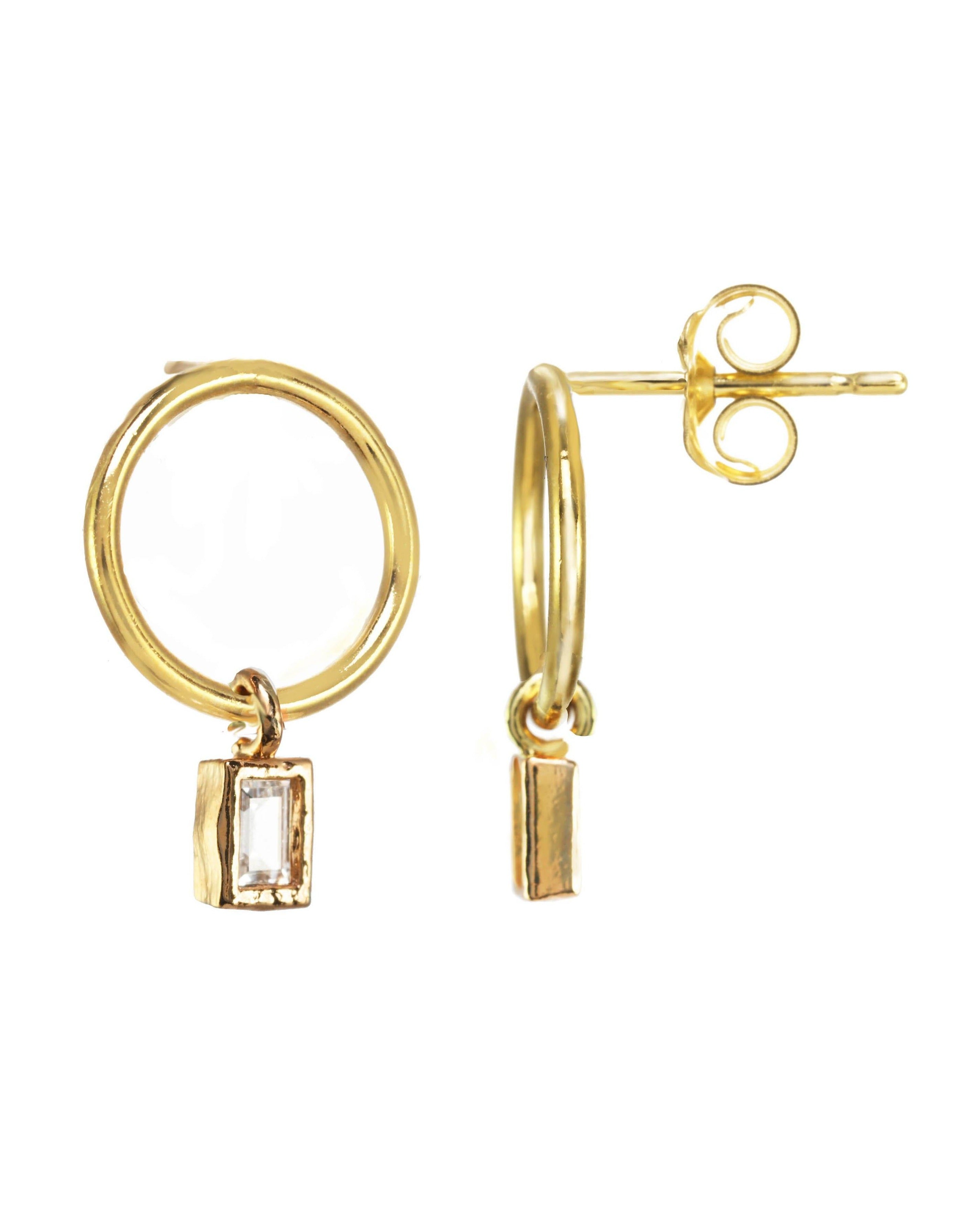 Hannah Earrings by KOZAKH. Mini hoop stud earrings with dangly square cut Cubic Zirconia, crafted in 14K Gold Filled.