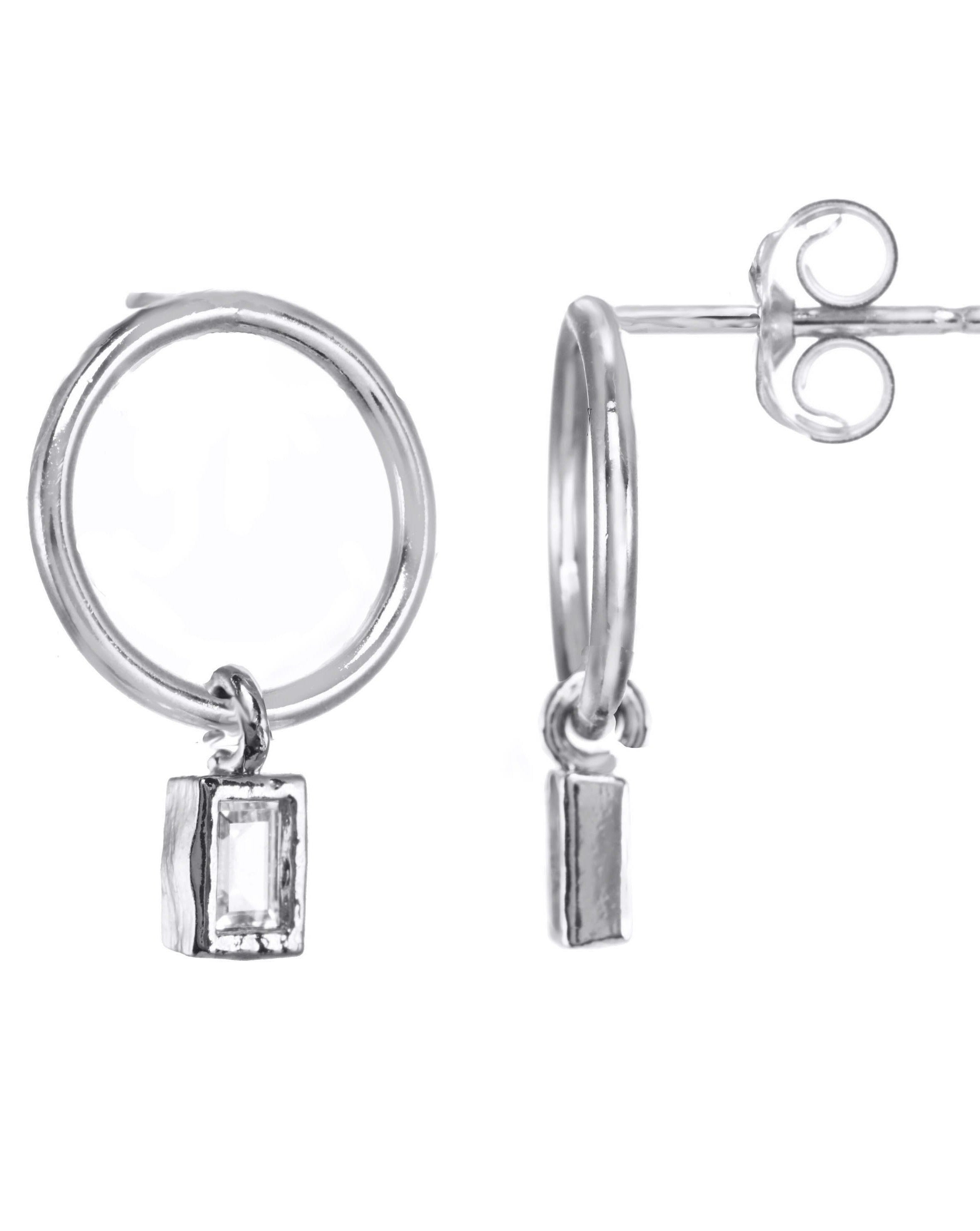 Hannah Earrings by KOZAKH. Mini hoop stud earrings with dangly square cut Cubic Zirconia, crafted in Sterling Silver. 