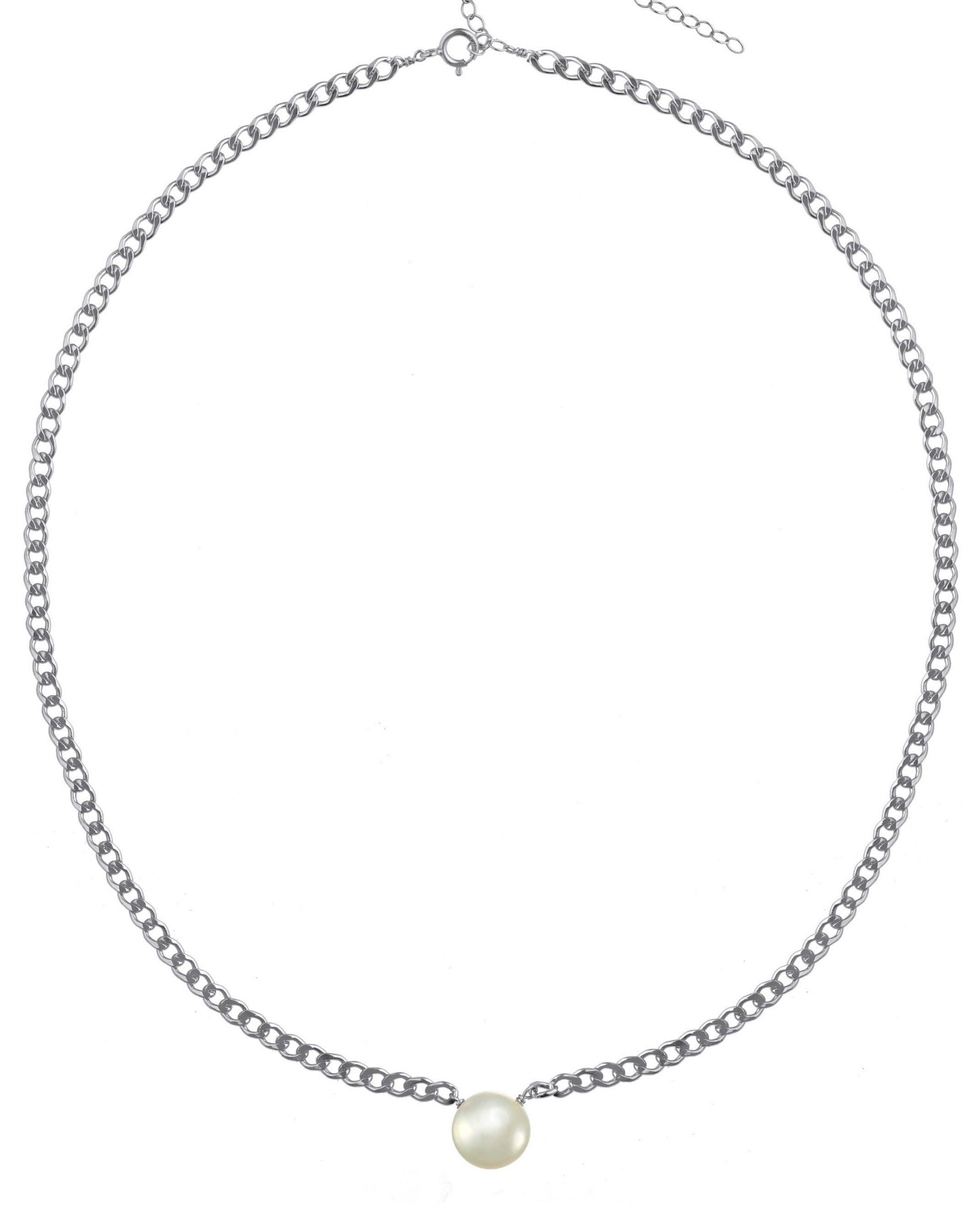 Harper Necklace by KOZAKH. A 16 to 18 inch adjustable length braided chain necklace in Sterling Silver, featuring a flat backed Freshwater Pearl.