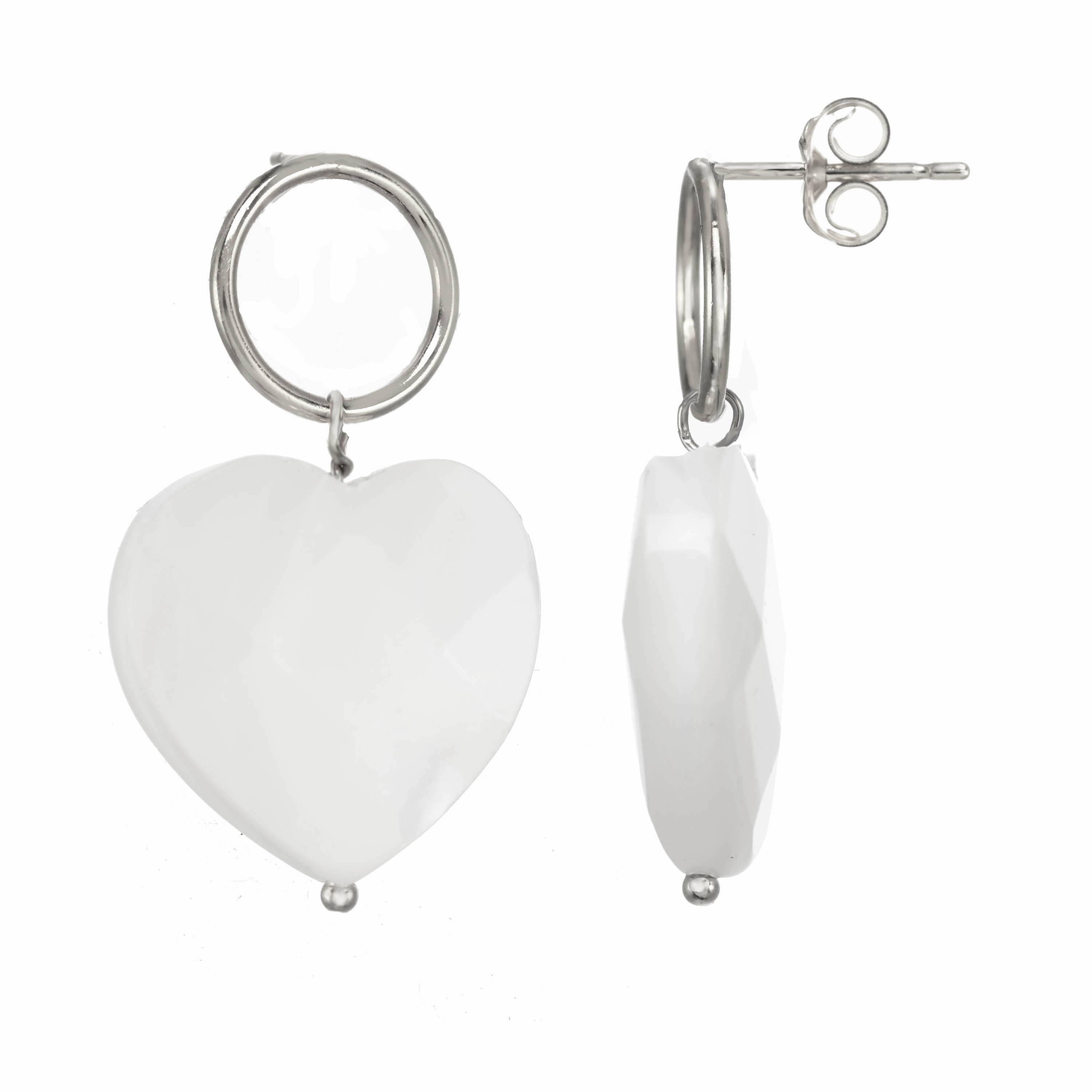 Heart Earrings by KOZAKH. Stud earrings, crafted in Sterling Silver, with hoop and hand carved faceted Mother of Pearl heart charm.