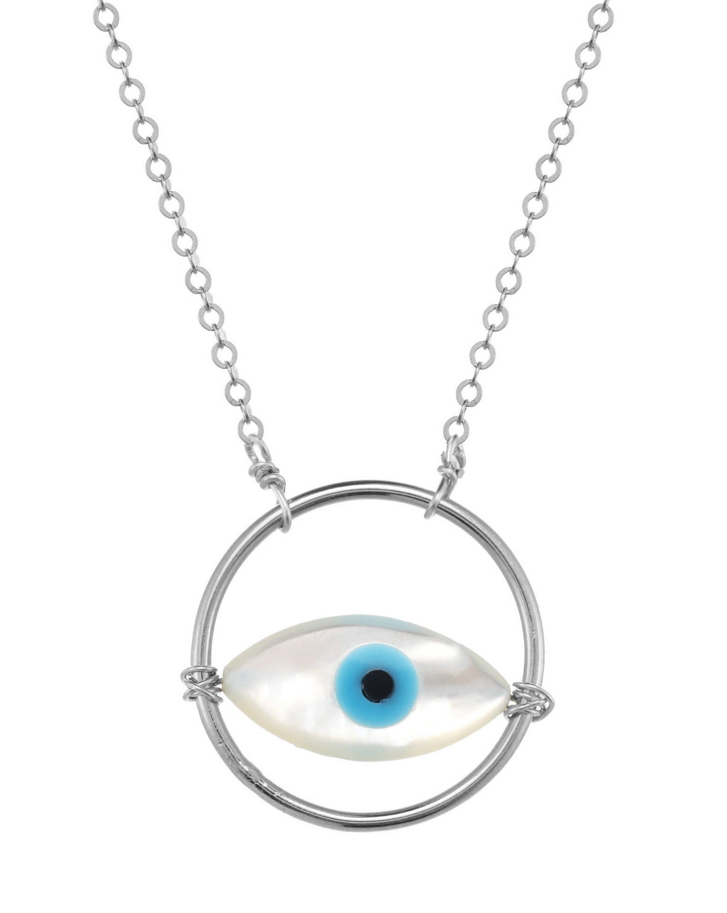 Ino Necklace by KOZAKH. A 16 to 18 inch adjustable length necklace in Sterling Silver, featuring a hand carved Mother of Pearl Evil Eye charm inside a ring.