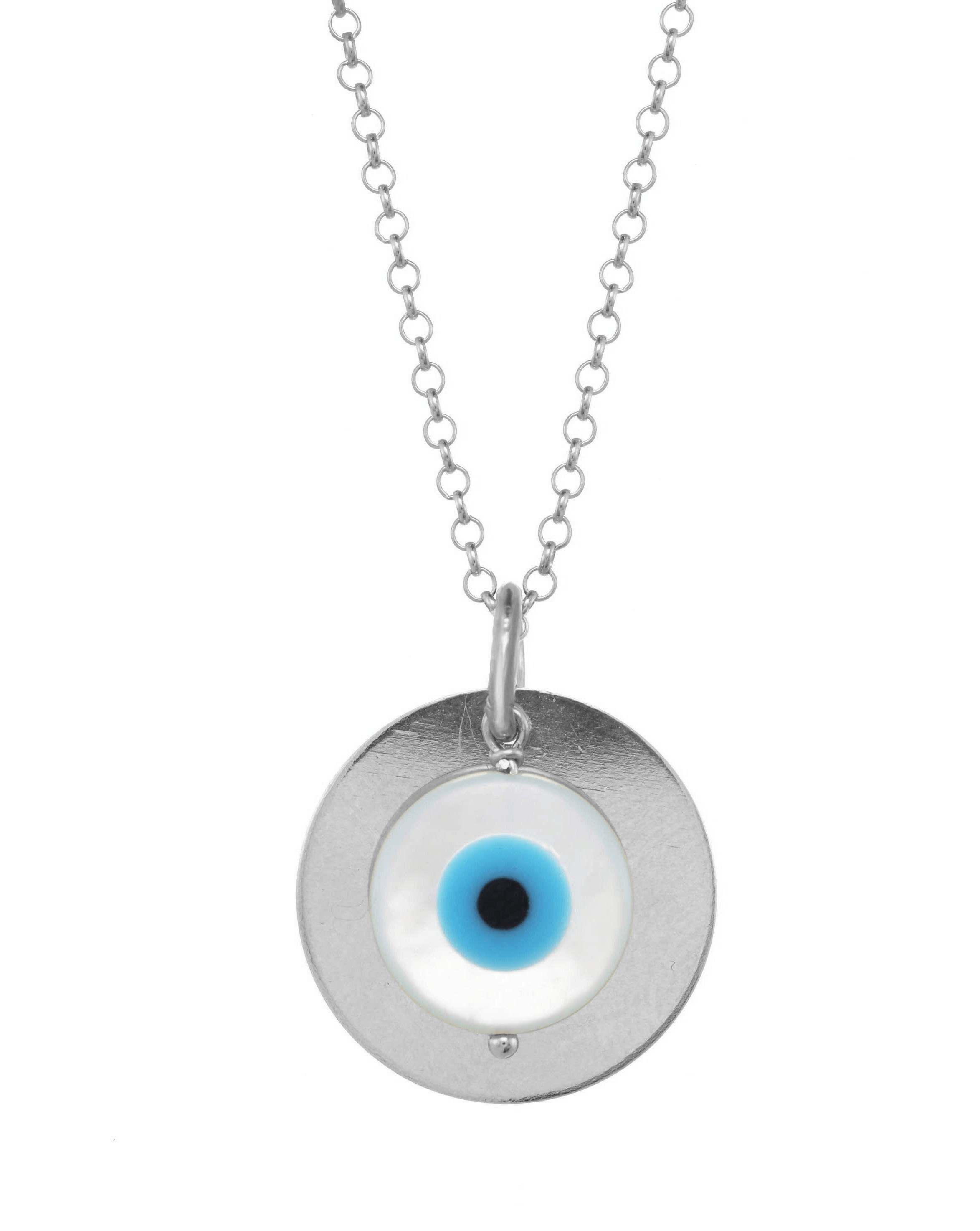 Iza Necklace by KOZAKH. An 18 to 20 inch adjustable length, 1mm thick Rollo chain necklace in Sterling Silver, featuring a 16mm Flat Coin and a 7mm hand carved Mother of Pearl evil eye charm.