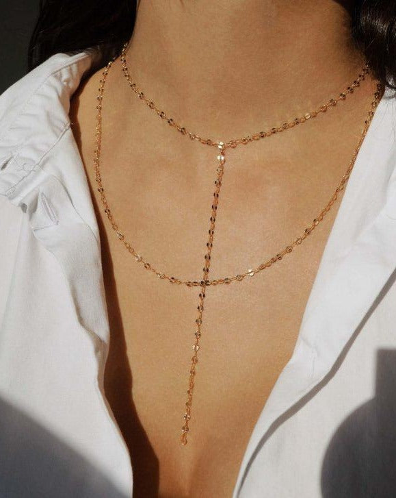 Jolila Necklace by KOZAKH. A 16 to 18 inch adjustable length double necklace, with long lariat style drop, crafted in 14K Gold Filled.