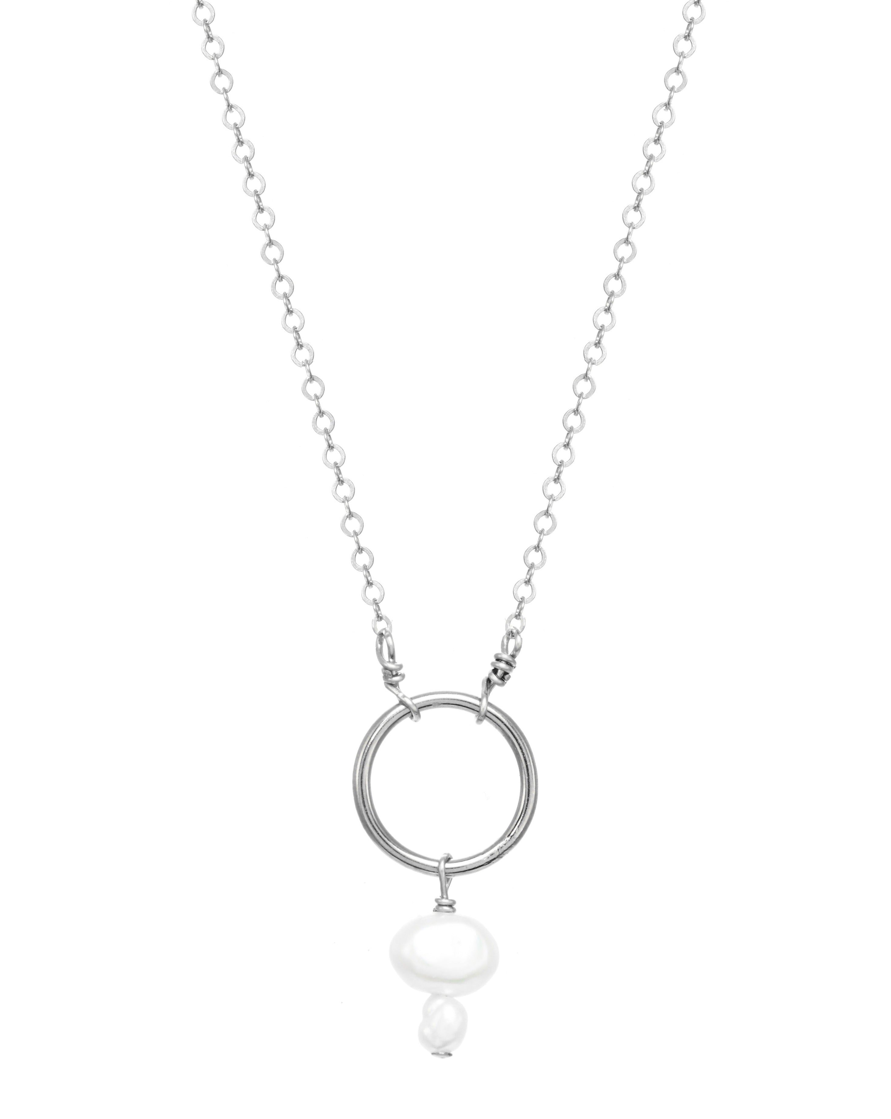 Lahela Necklace by KOZAKH. A 16 to 18 inch adjustable length necklace, crafted in Sterling Silver, featuring a 4-5mm White irregular Pearl and a 3-4mm white freshwater Pearl.