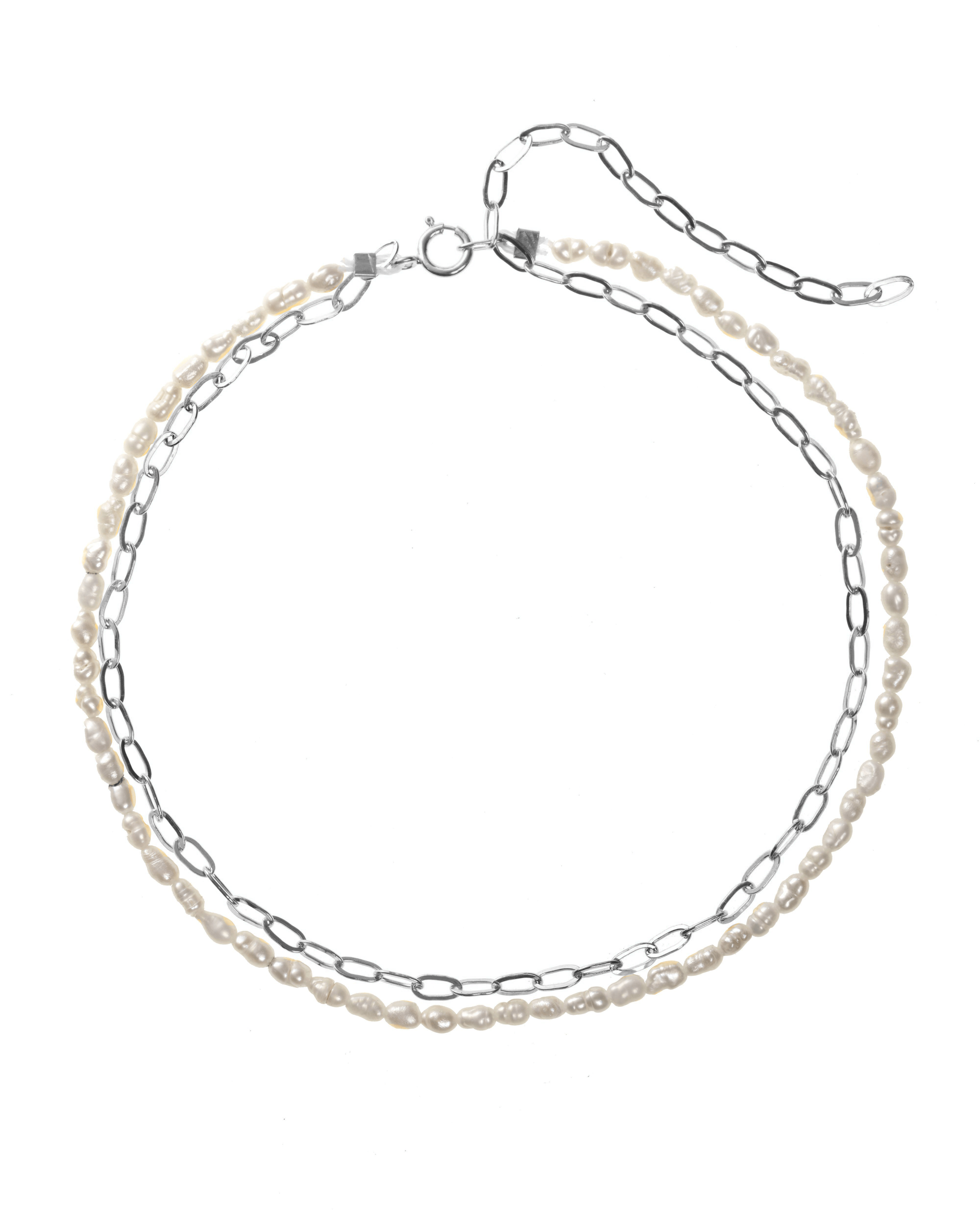 Lamera Anklet by KOZAKH. A 9 to 11 inch adjustable length double anklet. One strand is Sterling Silver flat link chain and the other is a strand of 4mm white Rice Pearls.