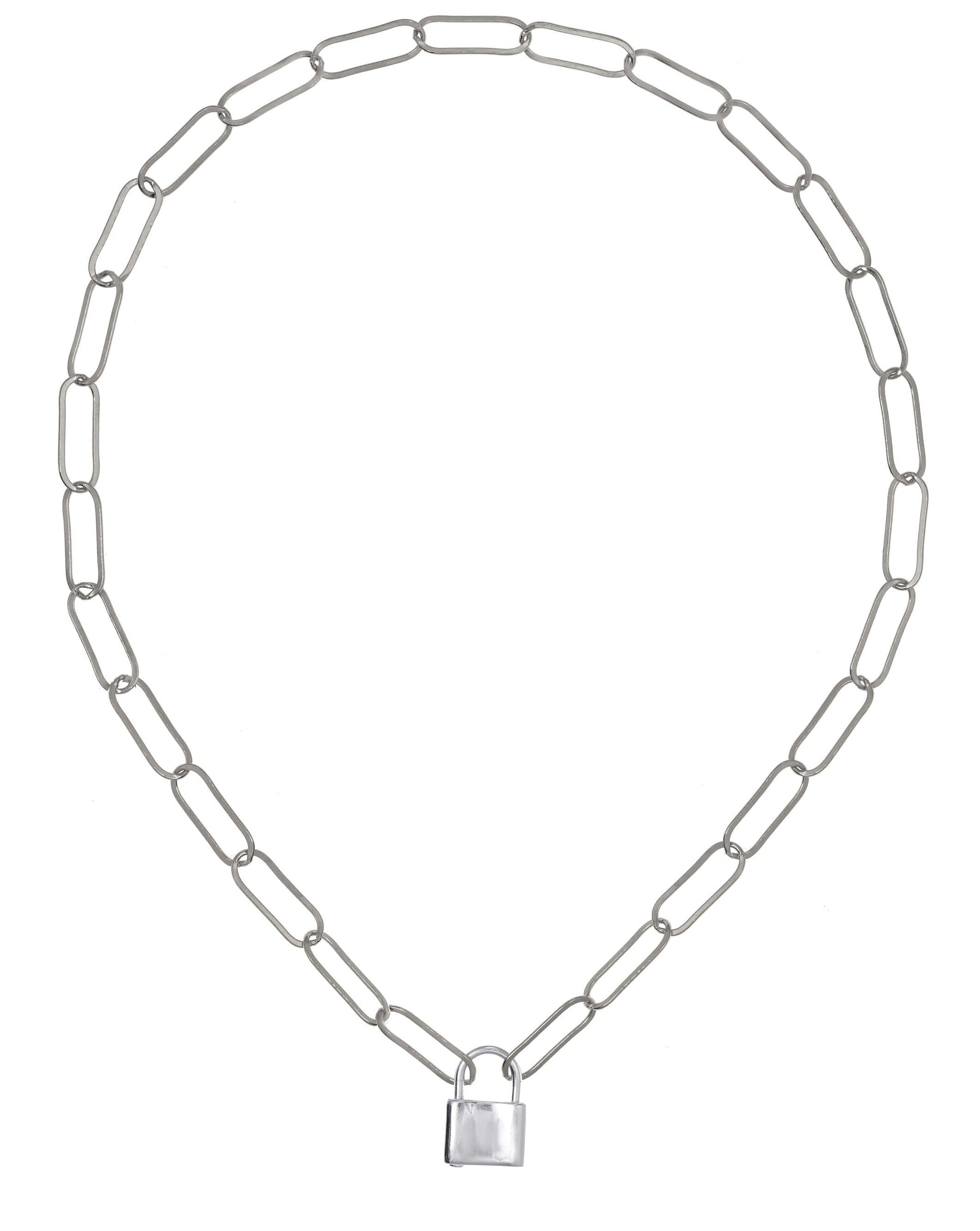 Locklyn Necklace by KOZAKH. A 15 inches long paperclip style chain necklace, crafted in Sterling Silver, featuring a Sterling Silver padlock closure.