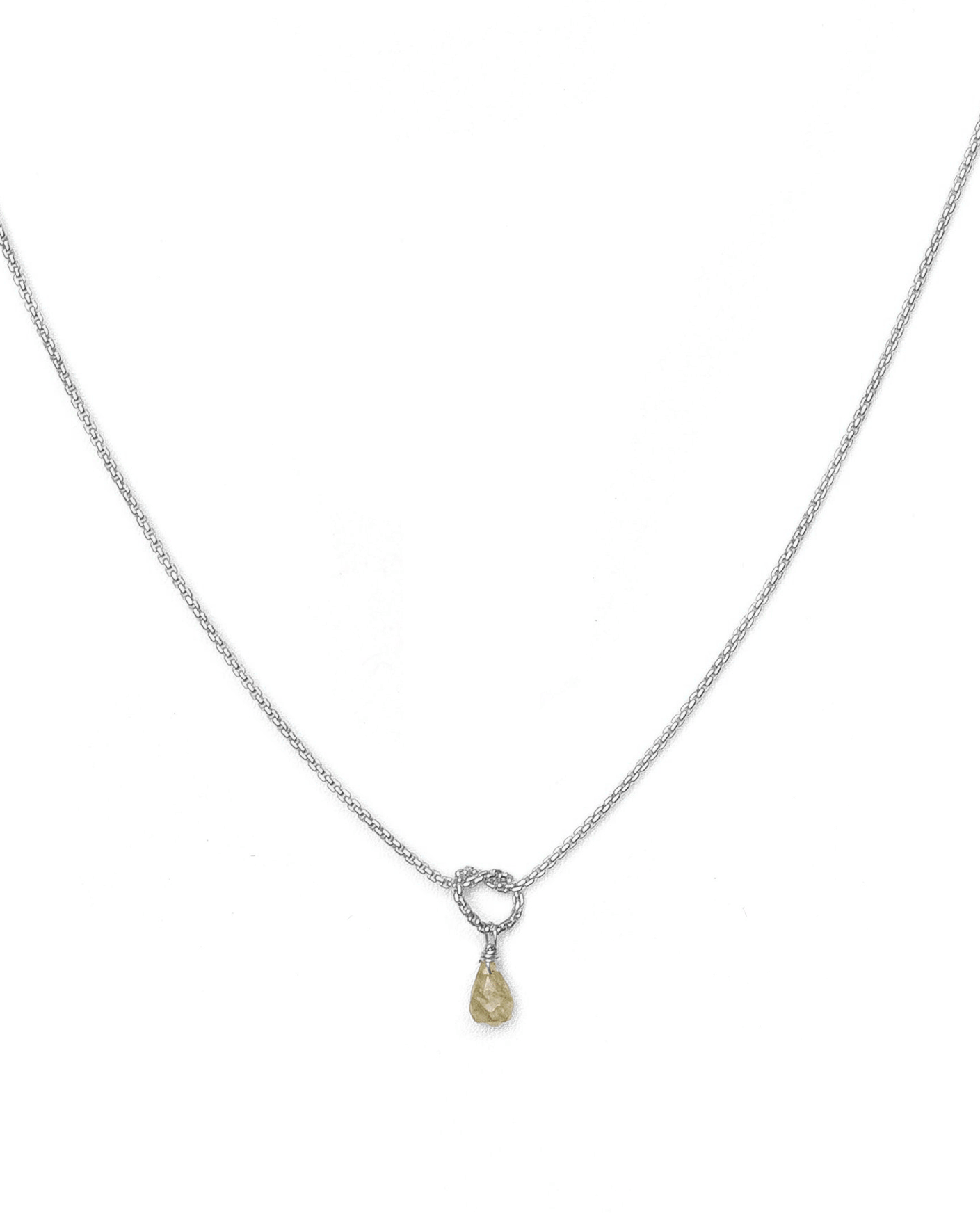 Love Knot Necklace by KOZAKH. A 16 to 18 inch adjustable length necklace, crafted in Sterling Silver, featuring a knot and a faceted Champagne Sapphire droplet.