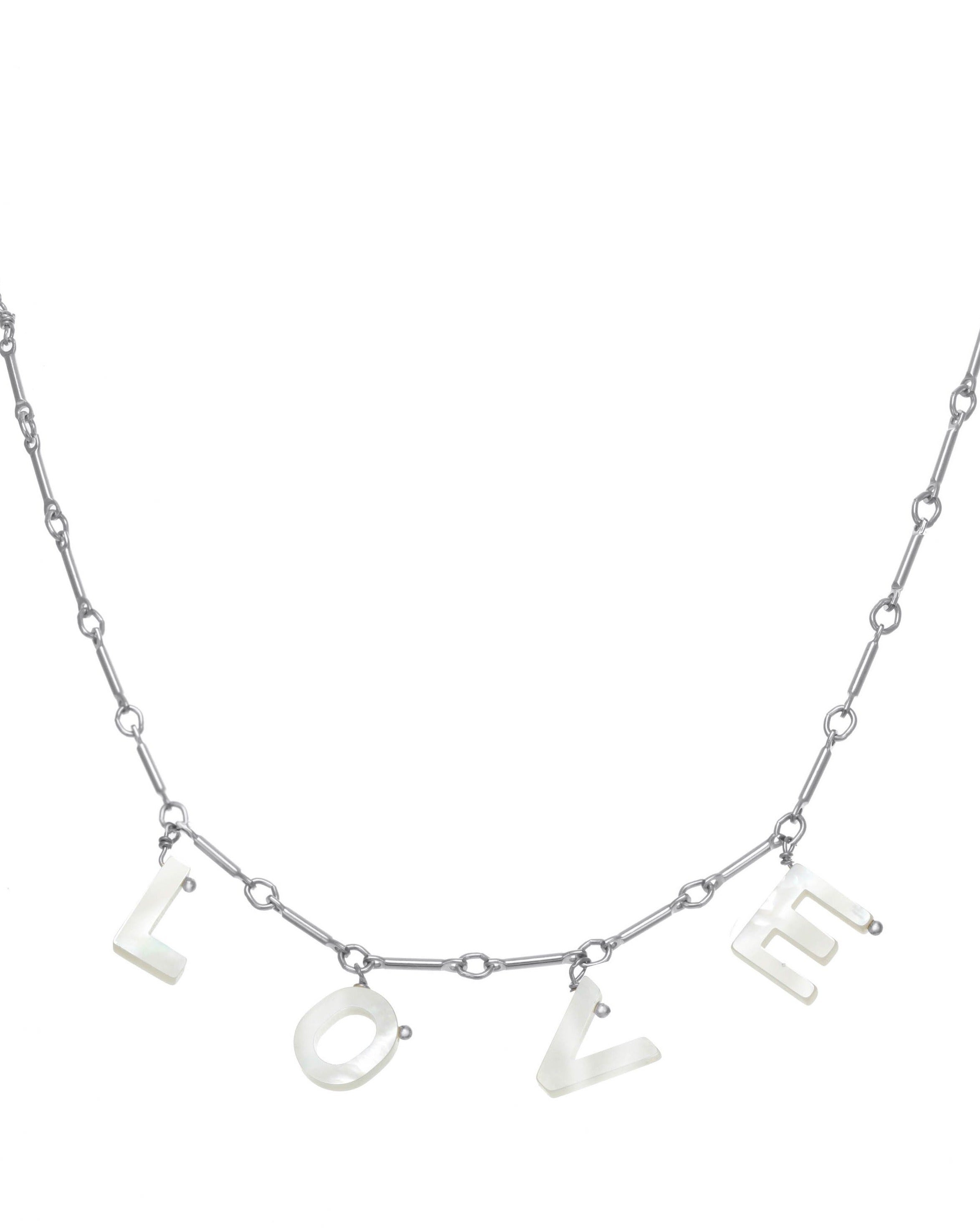 Love Necklace by KOZAKH. A 16 to 18 inch adjustable length necklace with linked bar chain on bottom half and flat link chain on top half, crafted in Sterling Silver, featuring a customizable word made from hand carved Mother of Pearl letters.