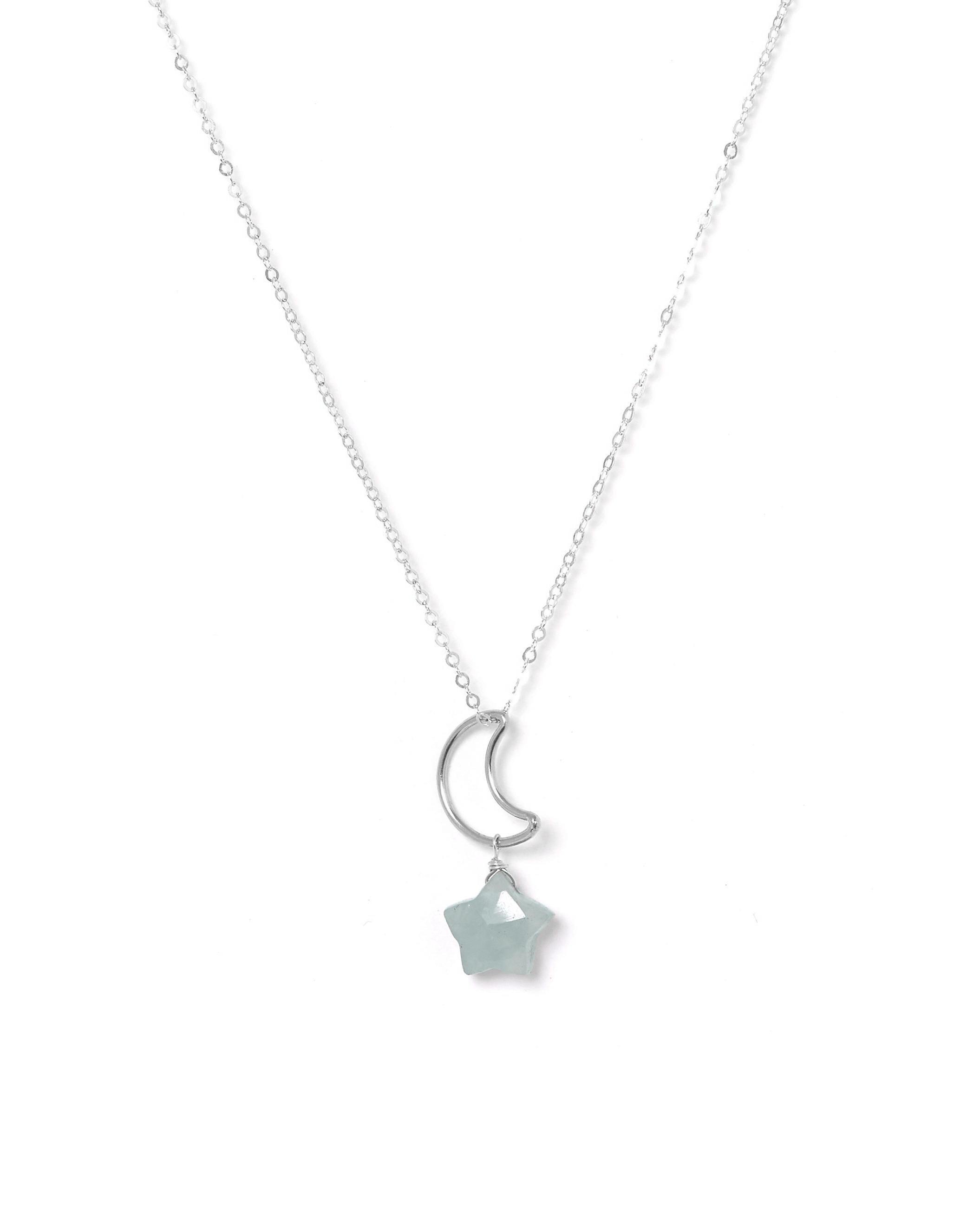 Lunastar Necklace by KOZAKH. A 16 to 18 inch adjustable length necklace, crafted in Sterling Silver, featuring a 13mm moon charm and an Amazonite star charm.