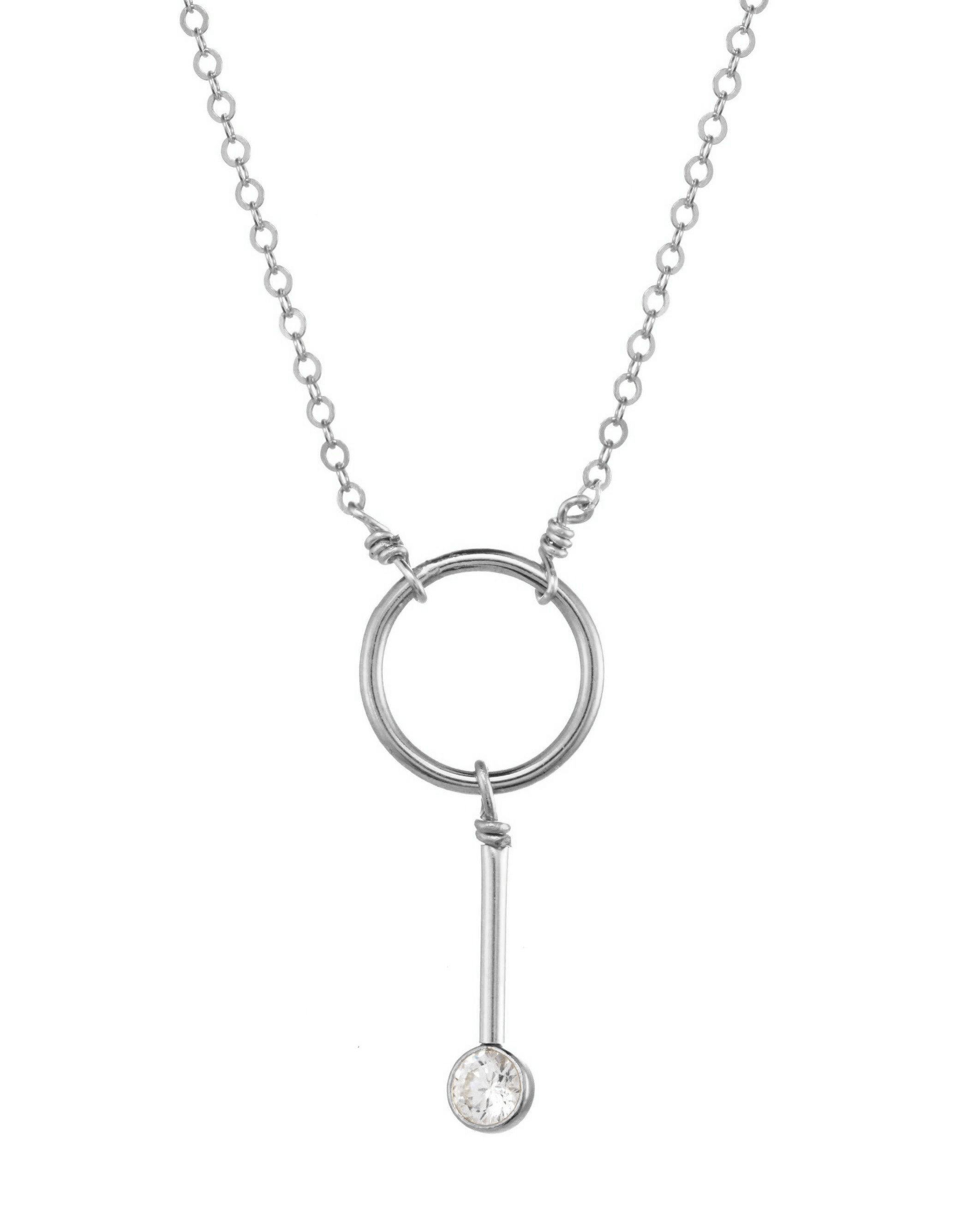 Luxe Necklace by KOZAKH. A 16 to 18 inch adjustable length necklace, crafted in Sterling Silver, featuring a ring wire and a 3mm Cubic Zirconia drop.