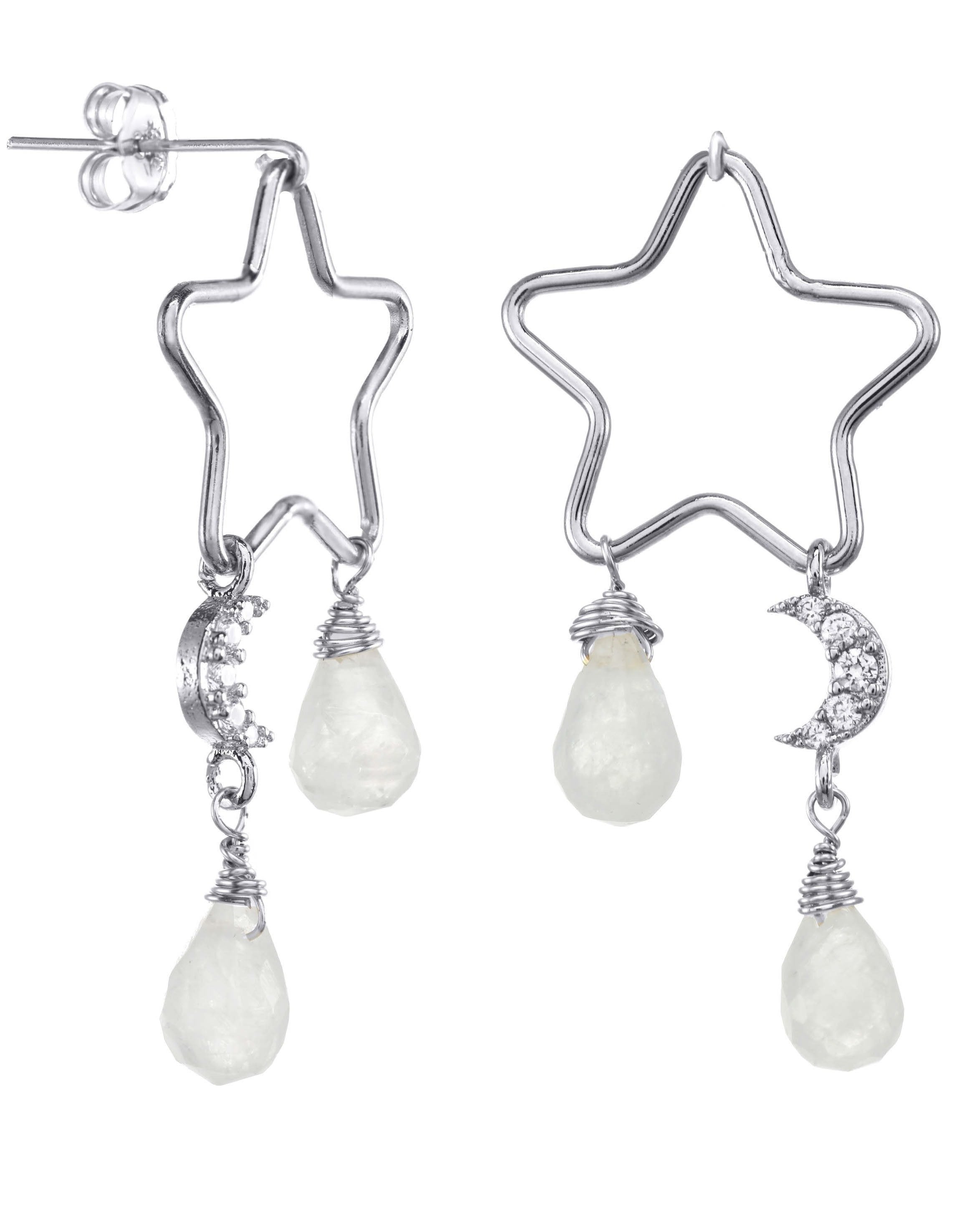 Lyra Earrings by KOZAKH. Dangling style stud earrings crafted in Sterling Silver, featuring a star wire charm, faceted Moonstone droplets, and a Cubic Zirconia encrusted moon charm.