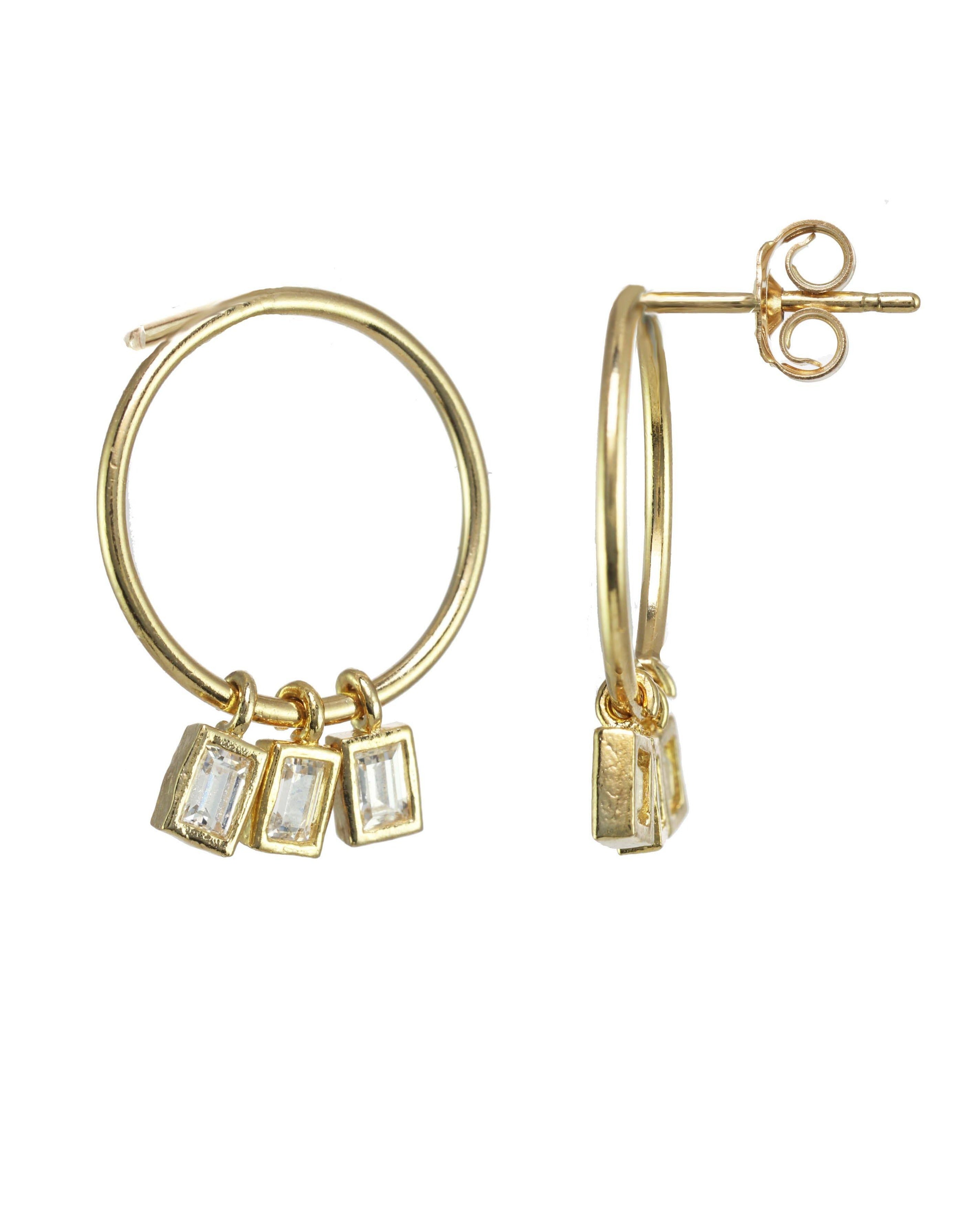 Madison Earrings by KOZAKH. Short dangling style stud earrings crafted in 14K Gold Filled, featuring a hoop and square cut Cubic Zirconia gems.