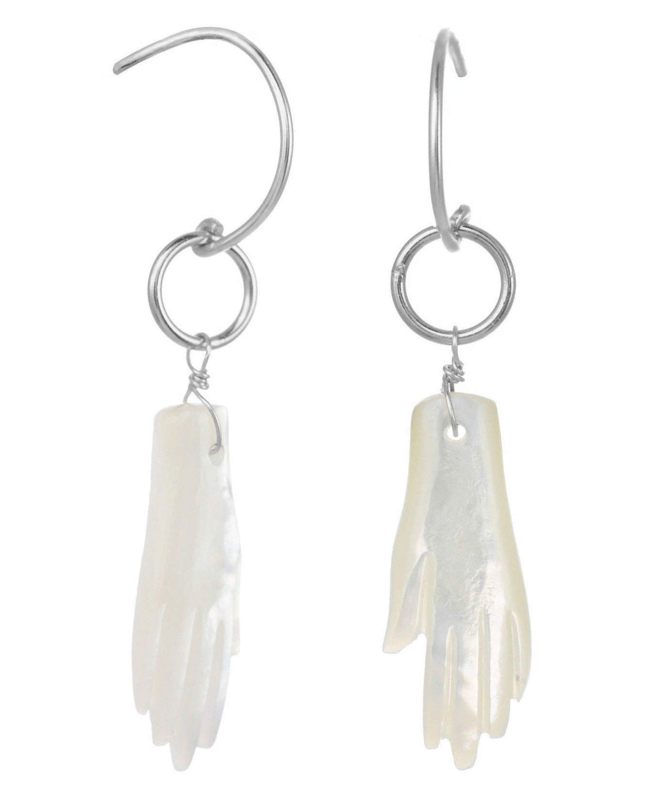 Manos Hoop Earrings by KOZAKH. Hook earrings crafted in Sterling Silver, featuring a hand carved Mother of Pearl hand.