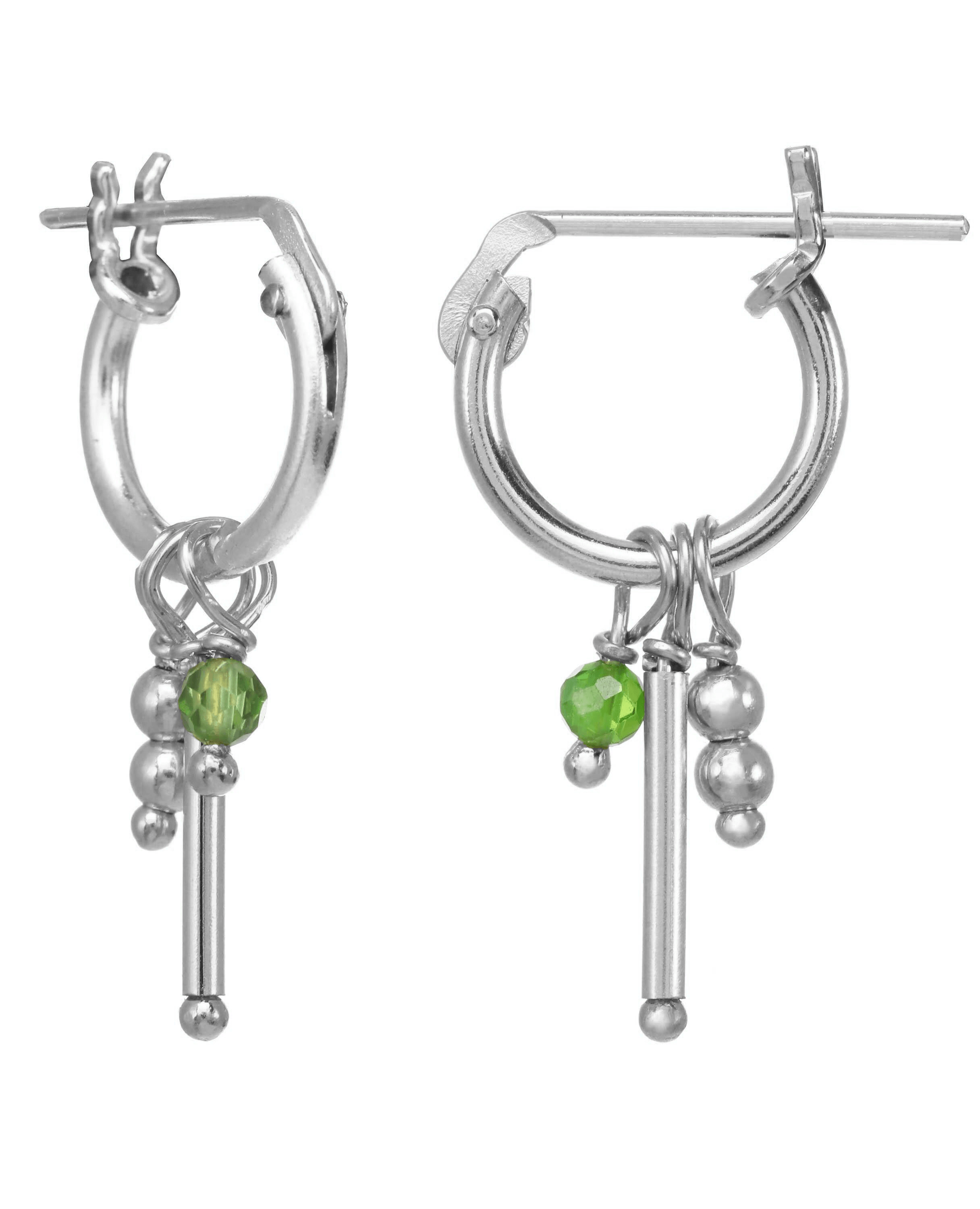 Misty Hoop Earrings by KOZAKH. 10mm snap hoop earrings in Sterling Silver, featuring a 2mm faceted gem, a vertical bar, and seamless beads.