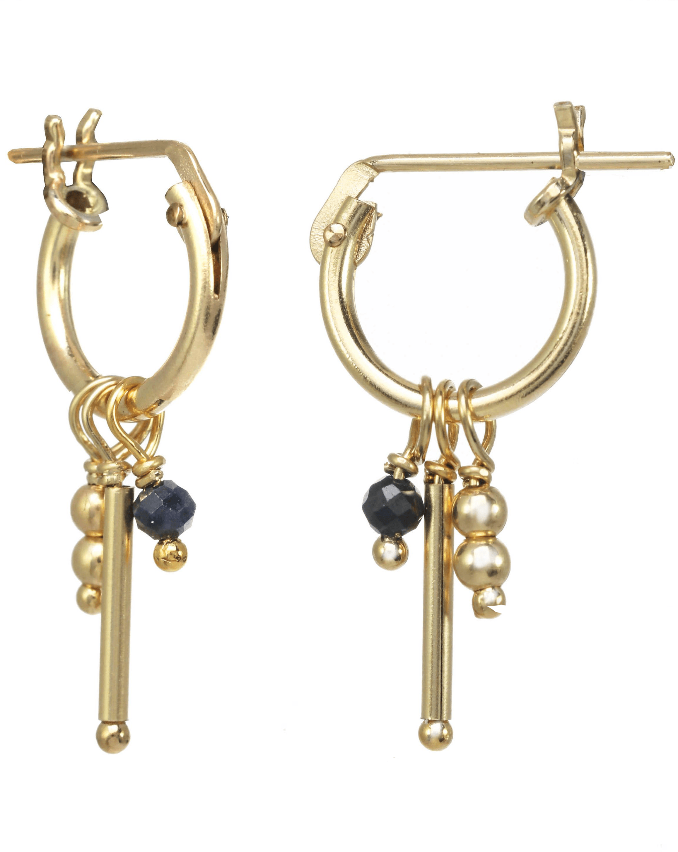 Misty Hoop Earrings by KOZAKH. 10mm snap hoop earrings in 14K Gold Filled, featuring a 2mm faceted gem, a vertical bar, and seamless beads.