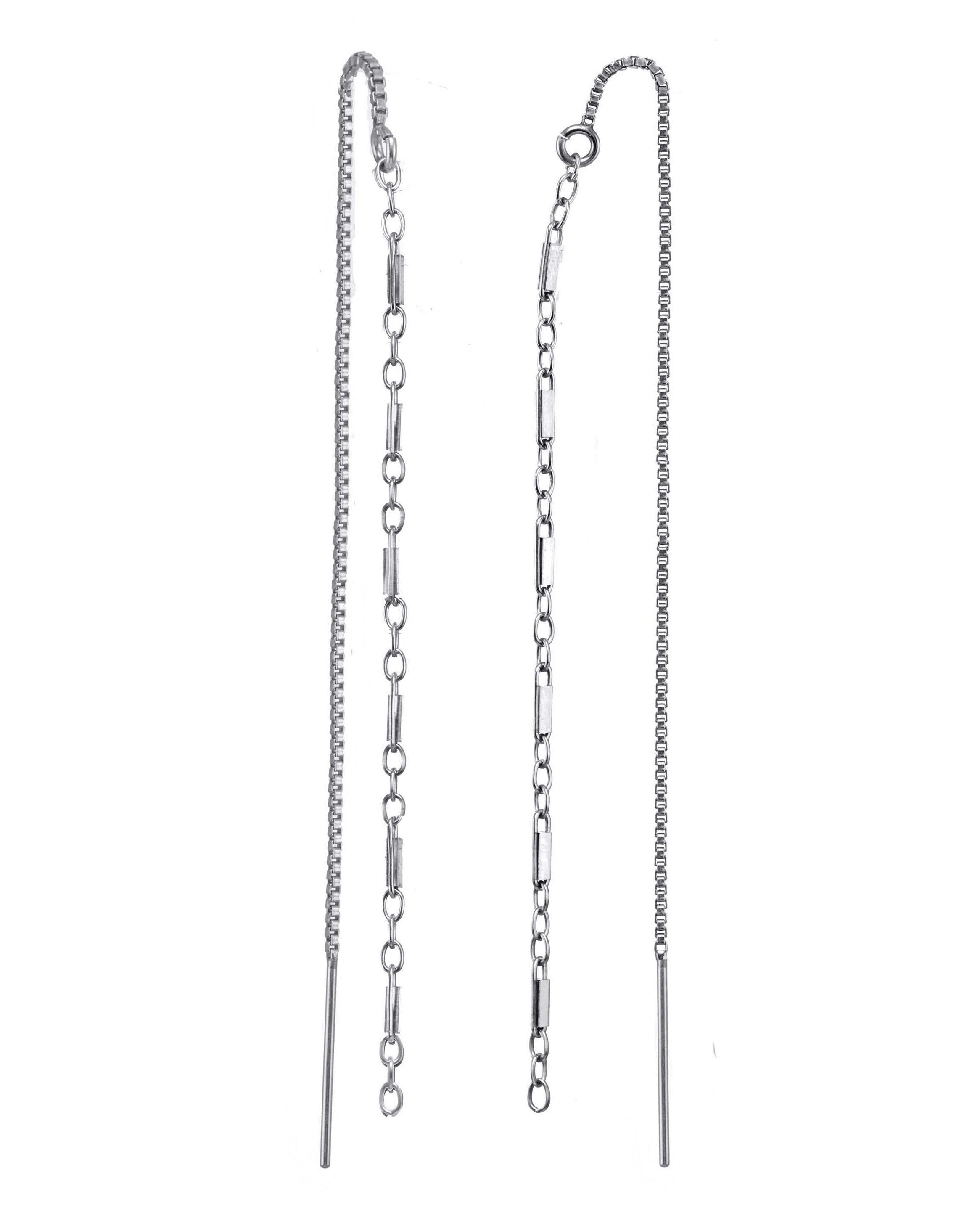 Nevaeh Threaders by KOZAKH. Threader style earrings with cylindrical link chain in front, box chain in back, and has a drop length of 2 inches on each side, crafted in Sterling Silver.