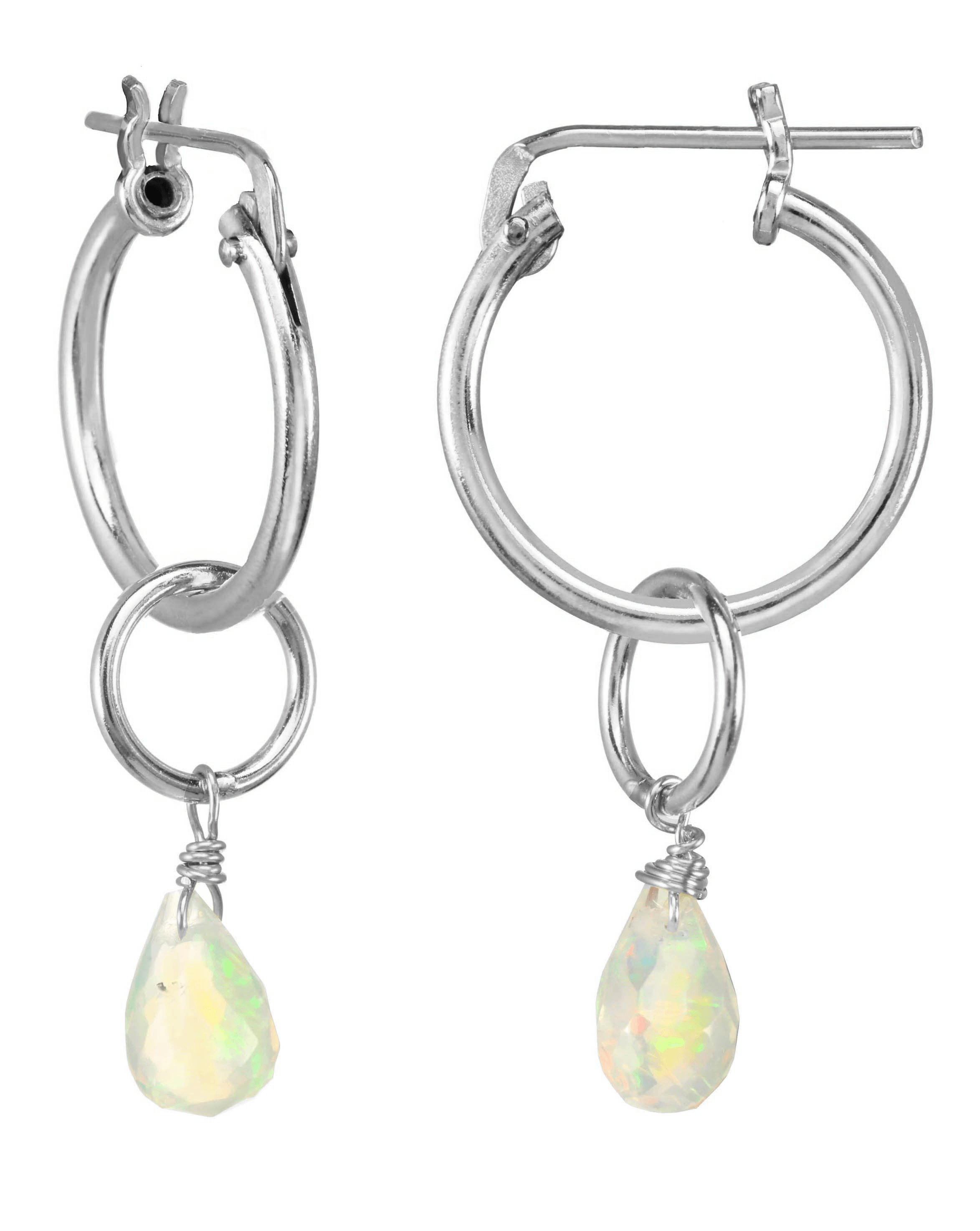 Olivia Earrings by KOZAKH. 15mm snap closure hoop earrings in Sterling Silver, featuring a 5mm to 7mm Ethiopian Opal faceted droplet.