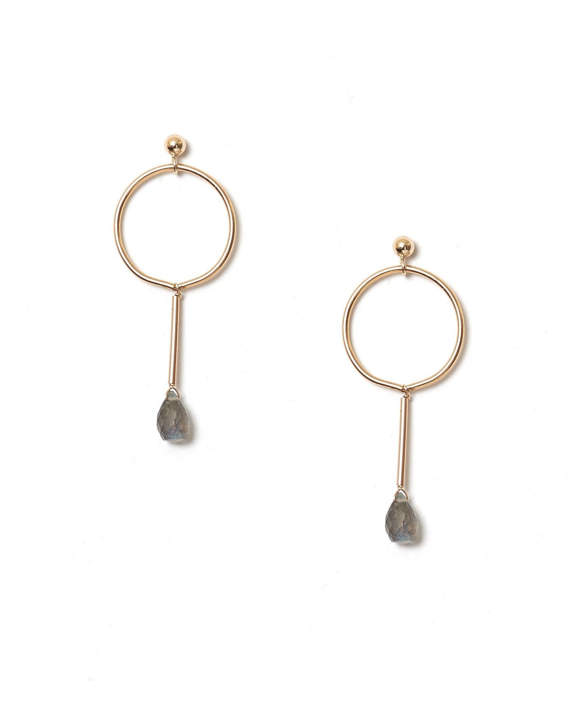 Osea Earrings by KOZAKH. Ball stud drop earrings in 14K Gold Filled, featuring a faceted Labradorite droplet.