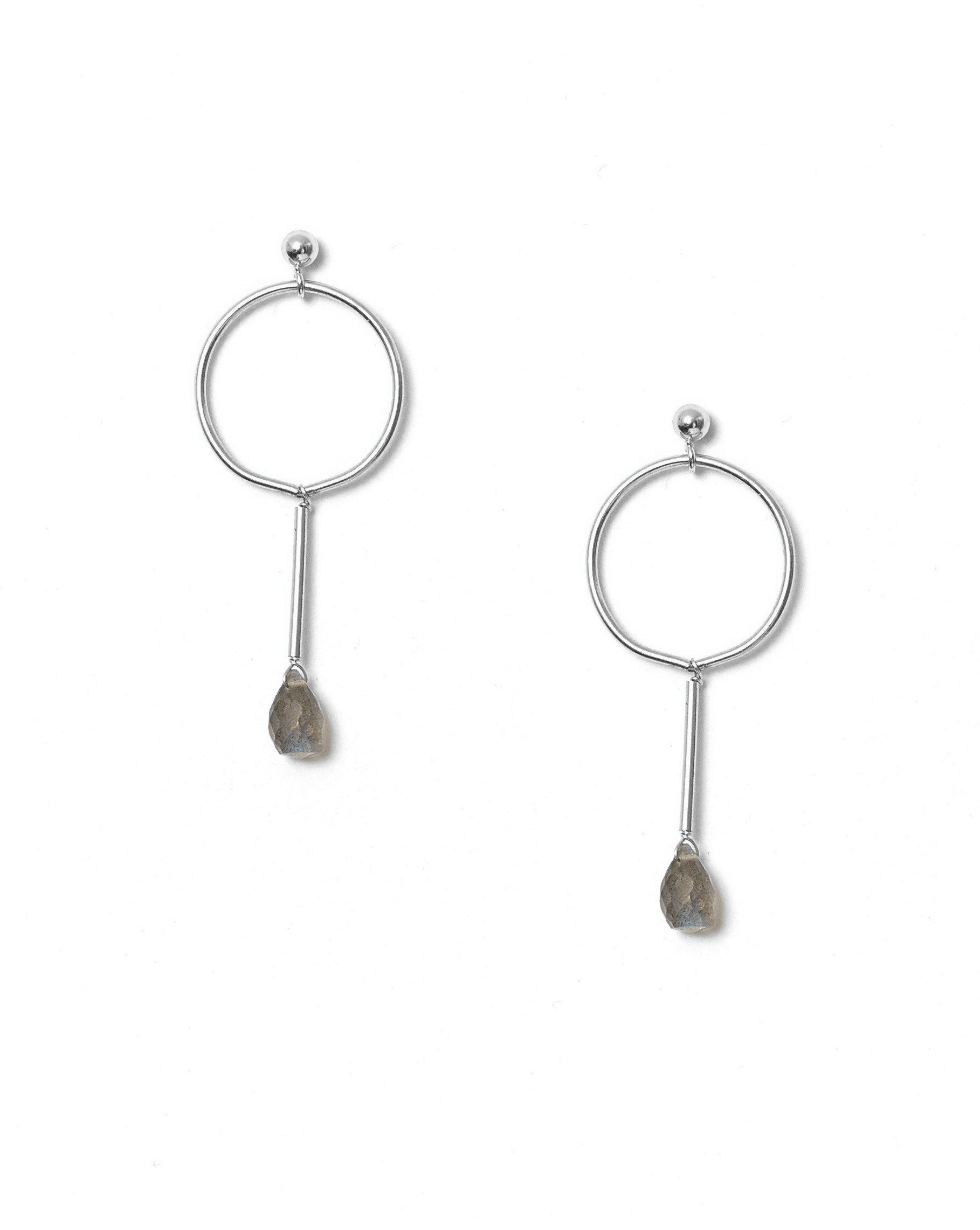 Osea Earrings by KOZAKH. Ball stud drop earrings in Sterling Silver, featuring a faceted Labradorite droplet.