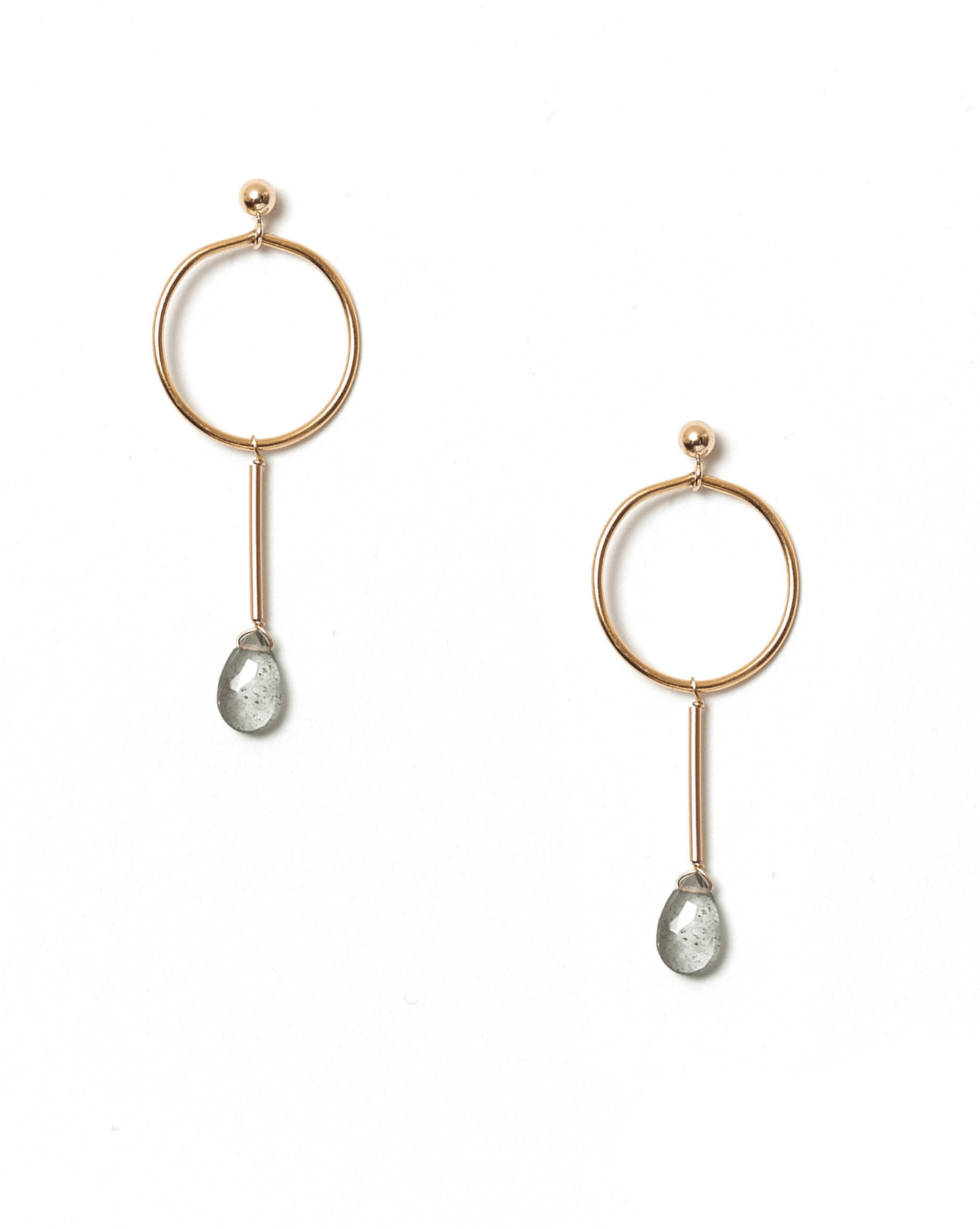 Osea Earrings by KOZAKH. Ball stud drop earrings in 14K Gold Filled, featuring a faceted Moss Aquamarine droplet.