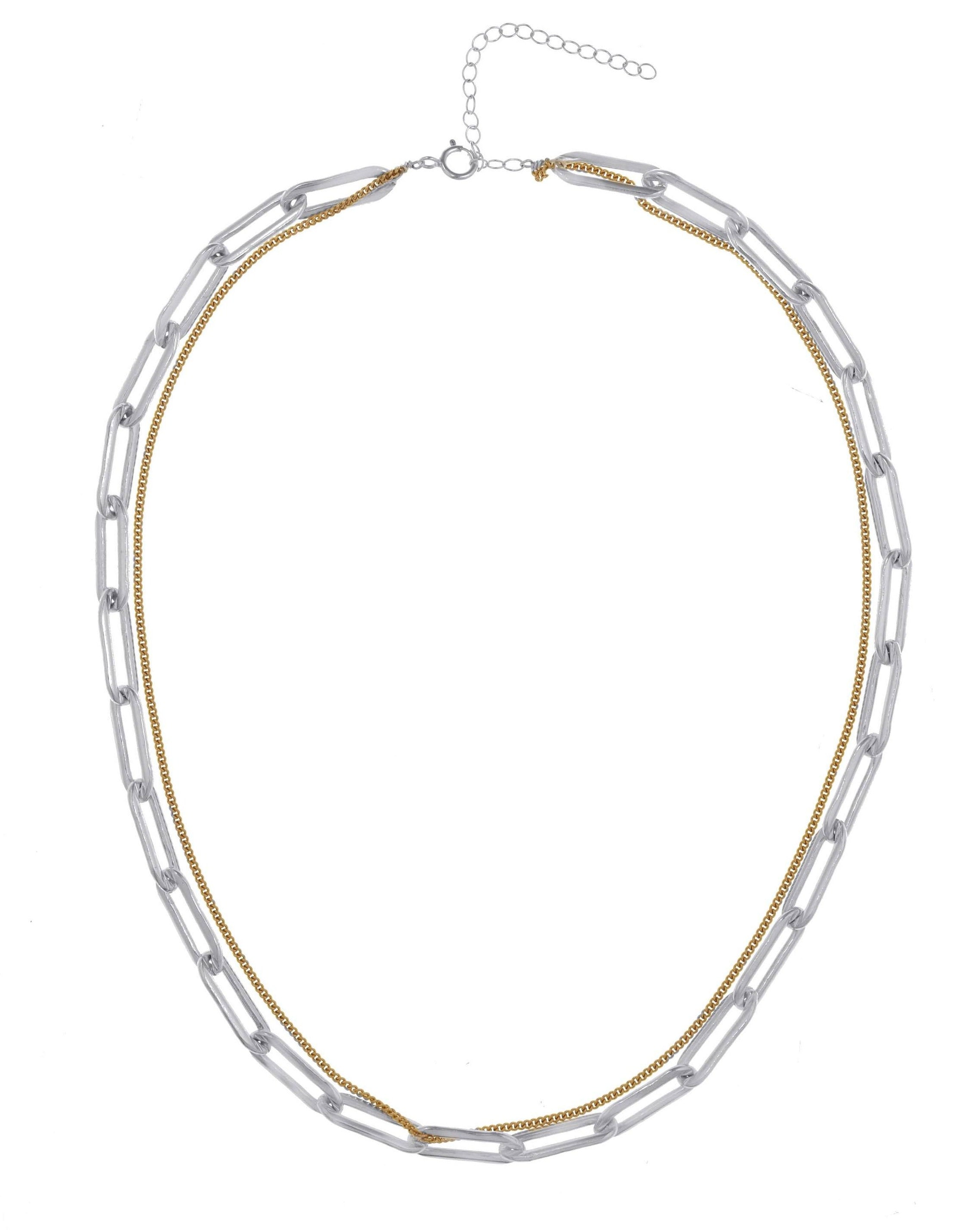 Riley Necklace by KOZAKH. A 14 to 16 inch adjustable length, thin flat link paperclip style chain and 1mm braided chain combo necklace, crafted in 14K Gold Filled and Sterling Silver. 