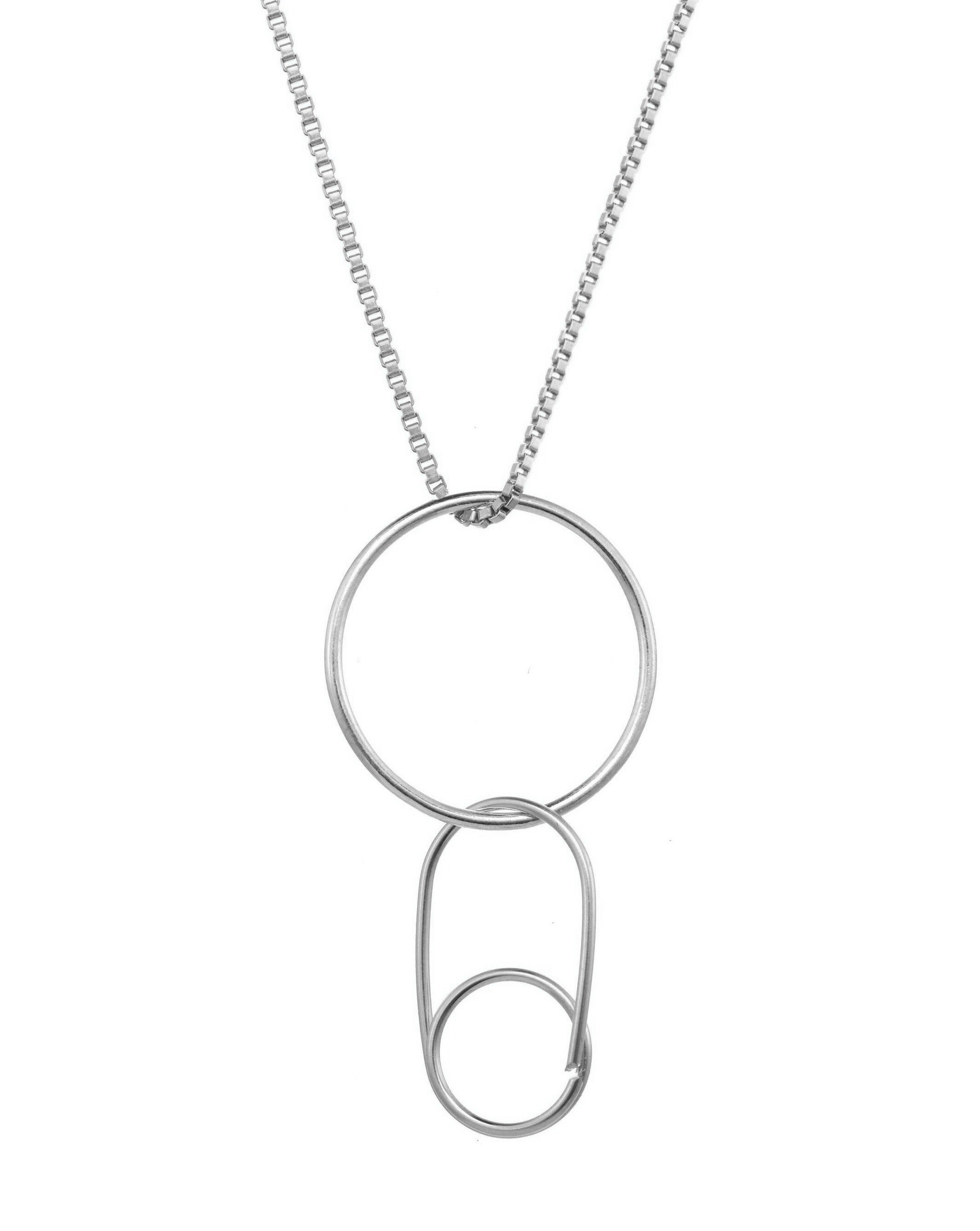 Rina Necklace by KOZAKH. A 16 to 18 inch adjustable length, 1mm box chain necklace, crafted in Sterling Silver, featuring a Sterling Silver ring and a hand formed safety pin.