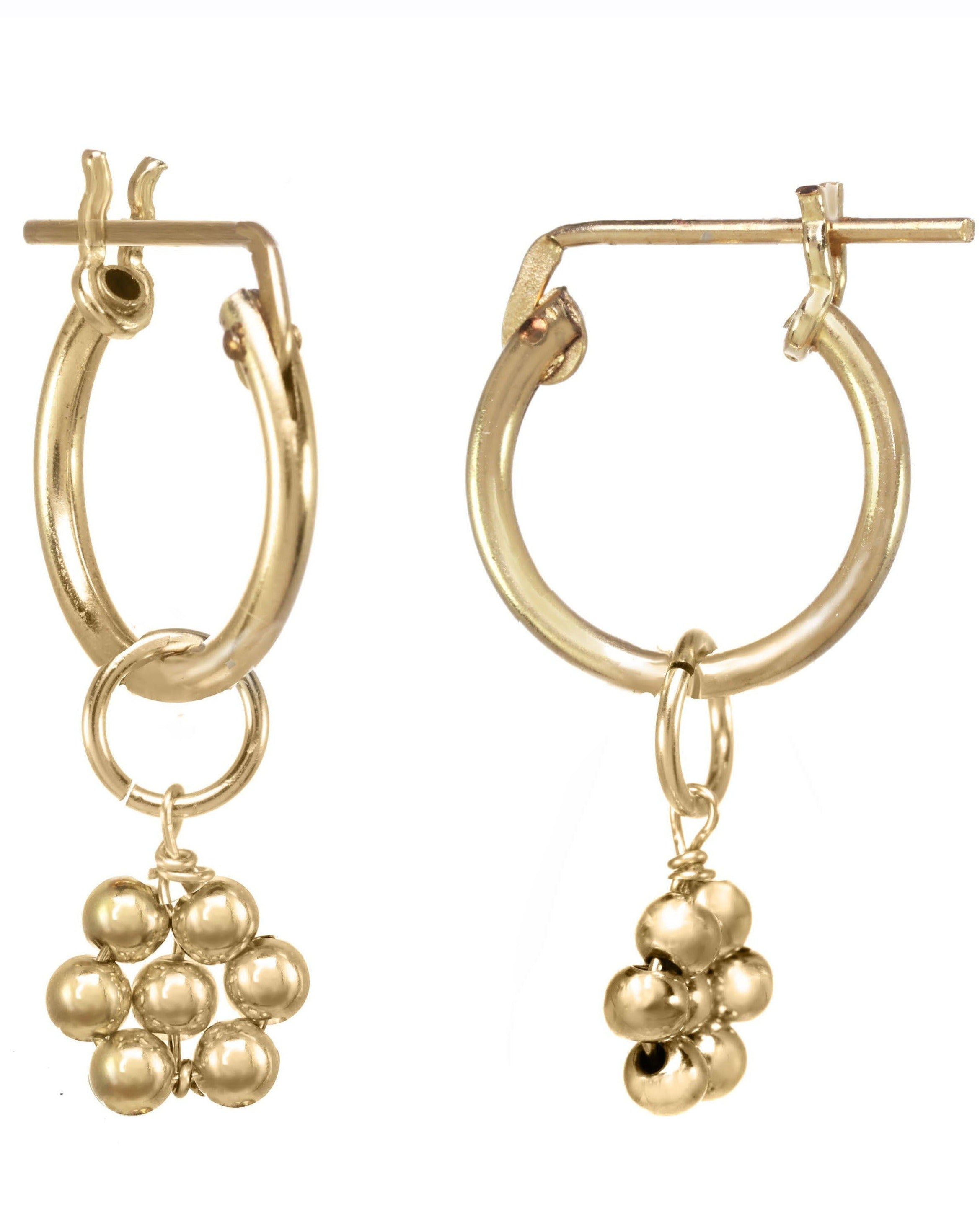 Rosalee Earrings by KOZAKH. 12mm snap closure hoop earrings, crafted in 14K Gold Filled, featuring dangling handmade beaded daisy charms.
