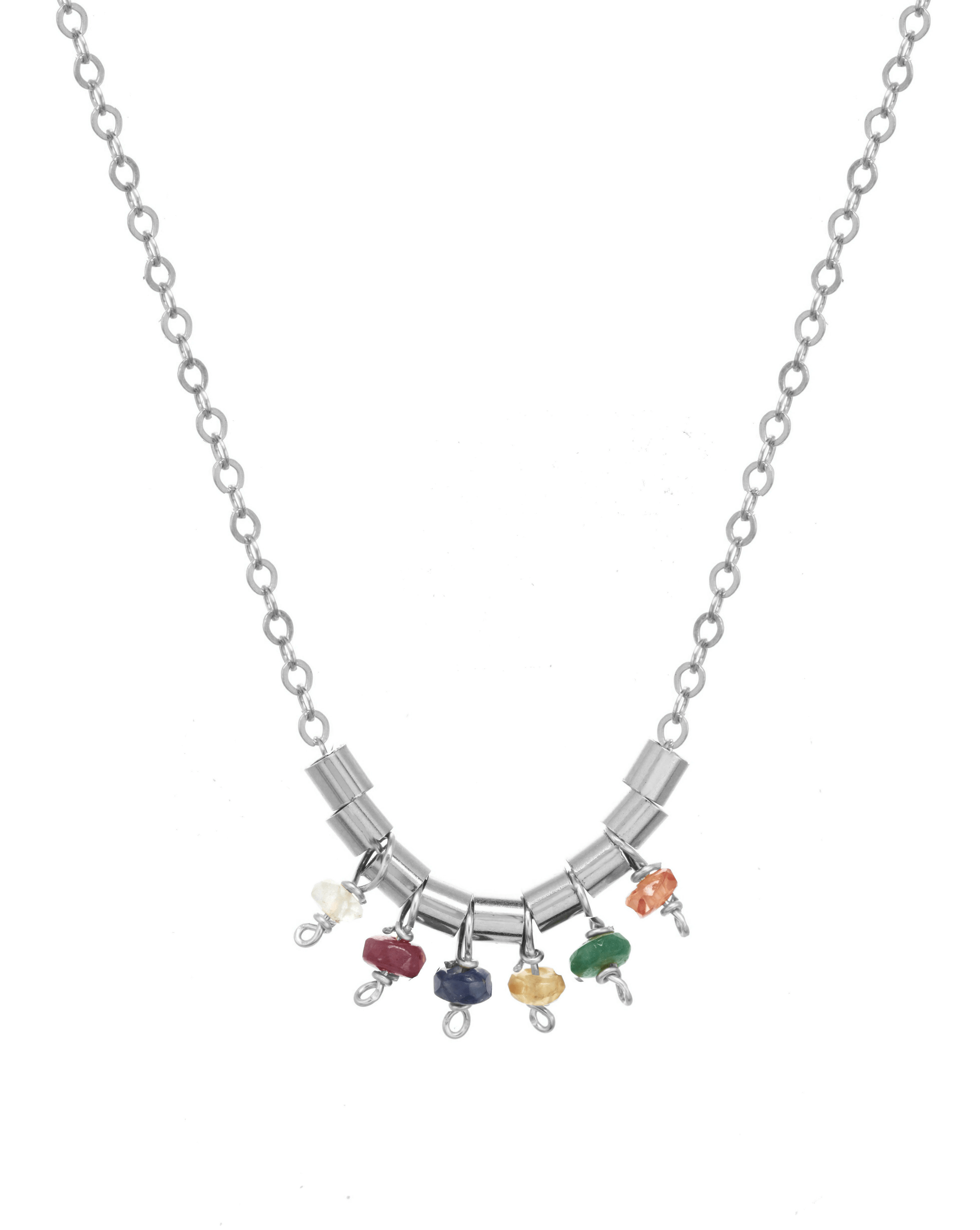 Salma Necklace by KOZAKH. A 16 to 18 inch adjustable length necklace, crafted in Sterling Silver, featuring 2mm Faceted round Emerald, Garnet, Sapphire, Tourmaline, Tanzanite and Topaz.