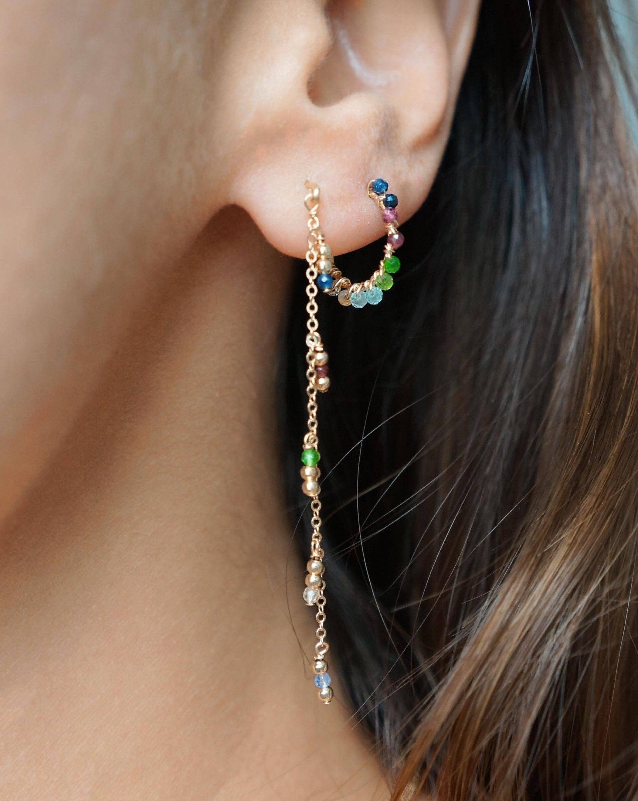 Samara Earrings by KOZAKH. Drop earrings, crafted in 14K Gold Filled, featuring 2mm Seamless gold beads and faceted 2mm Aquamarine, Garnet, Imperial Topaz, Emerald, Sapphire and Tanzanite.
