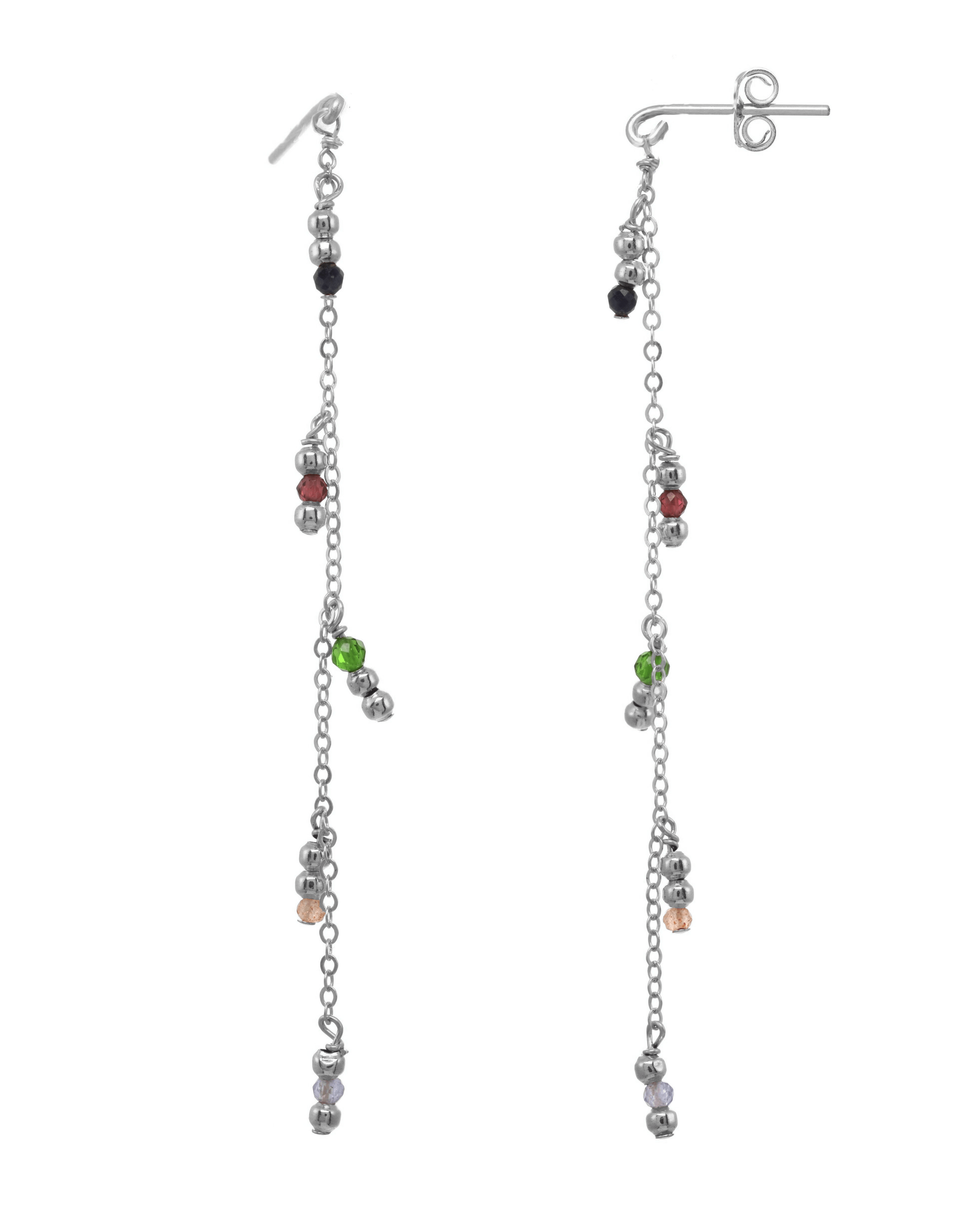 Samara Earrings by KOZAKH. Drop earrings, crafted in Sterling Silver, featuring 2mm Seamless gold beads and faceted 2mm Aquamarine, Garnet, Imperial Topaz, Emerald, Sapphire and Tanzanite.