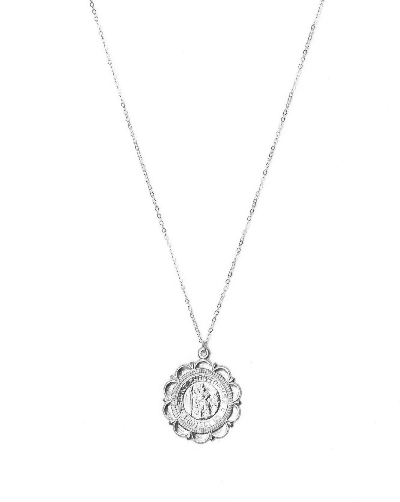 San Cris Long Necklace by KOZAKH. A 20 inches long necklace, crafted in Sterling Silver, featuring a 16mm Saint Christopher Medallion.