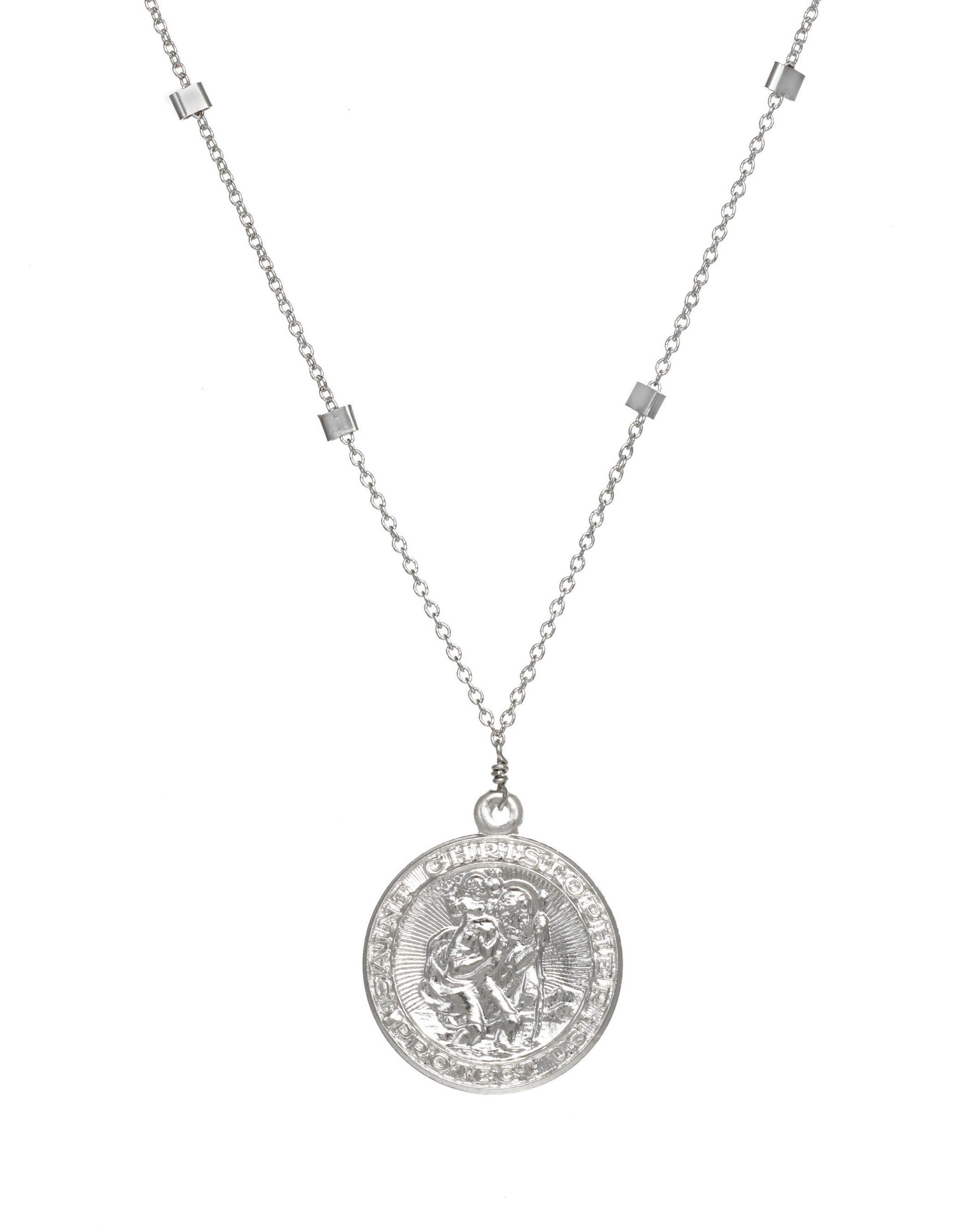 San Cris Necklace by KOZAKH. A 16 to 18 inch adjustable length necklace, crafted in Sterling Silver, featuring a 16mm Saint Christopher Medallion.