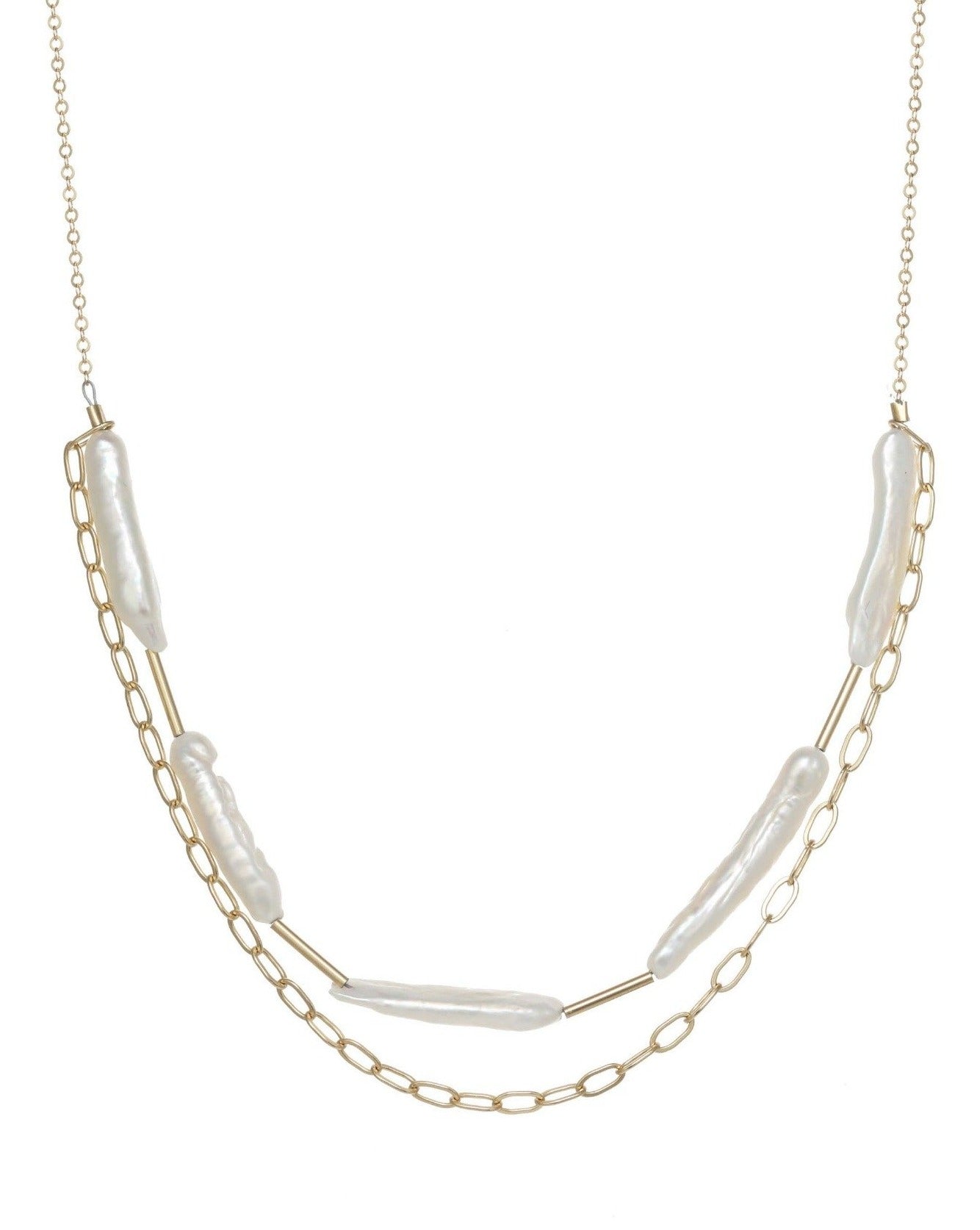 Sarah Necklace by KOZAKH. A 14 to 16 inch adjustable length necklace, crafted in 14K Gold Filled, with a lower half consists of 30mm to 40mm White Biwa Pearl strand.