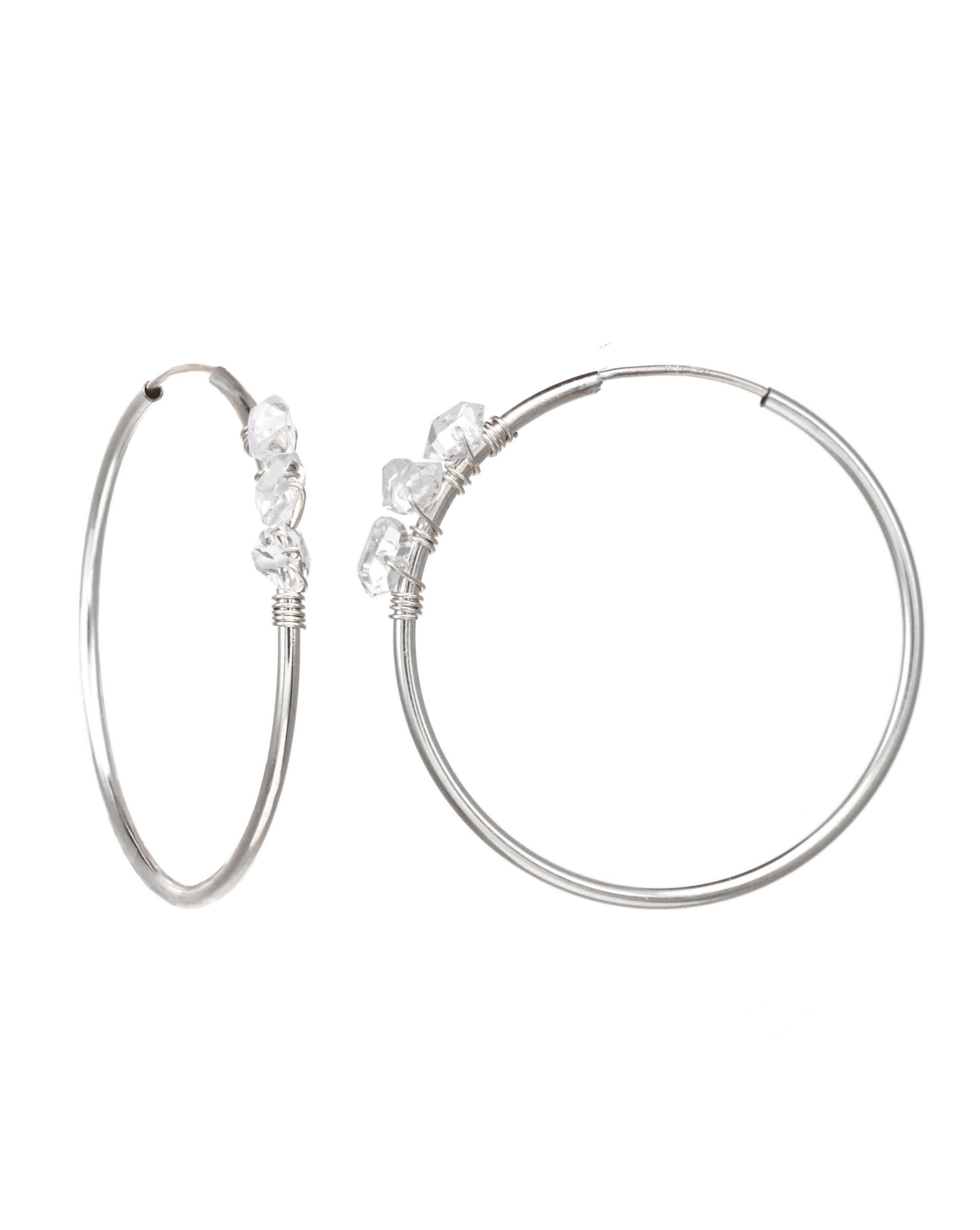 Selena Herkimer Hoop Earrings by KOZAKH. 30mm hoop earrings in Sterling Silver, featuring Herkimer Diamonds.