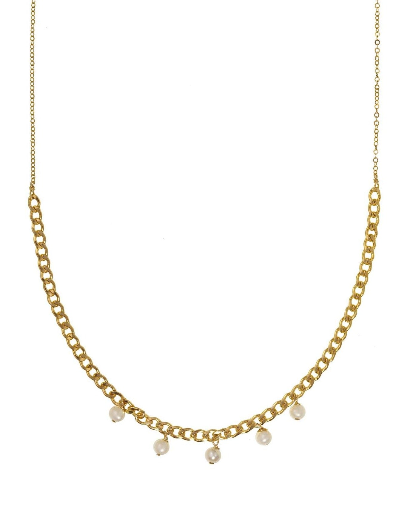 Sofia Necklace by KOZAKH. A 16 to 18 inch adjustable length necklace, crafted in 14K Gold Filled, featuring a lower half of 5mm Flat curb chain and 4mm white pearls.