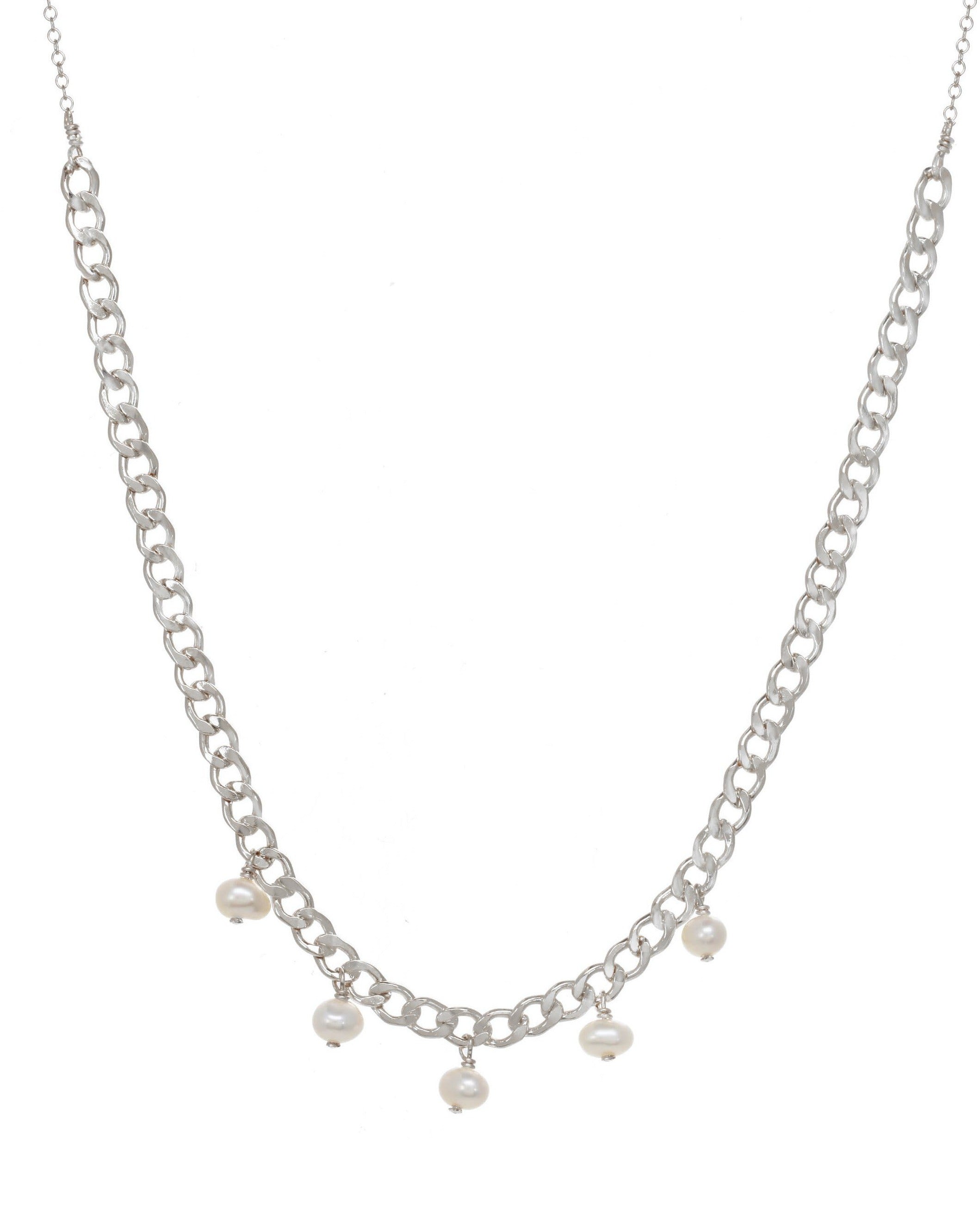 Sofia Necklace by KOZAKH. A 16 to 18 inch adjustable length necklace, crafted in Sterling Silver, featuring a lower half of 5mm Flat curb chain and 4mm white pearls.