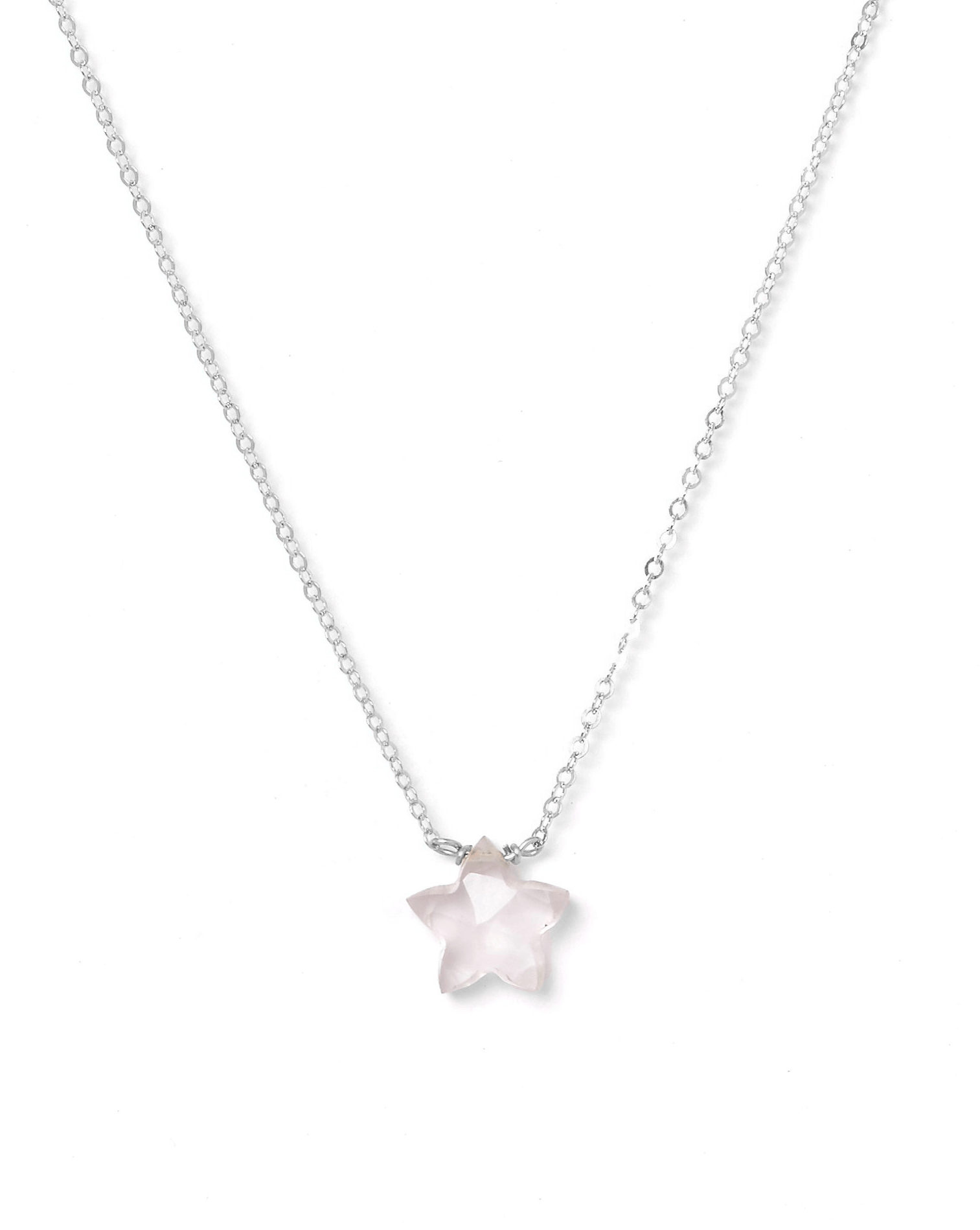 Star Necklace by KOZAKH. A 16 to 18 inch adjustable length necklace, crafted in Sterling Silver, featuring a Rose Quartz star charm.