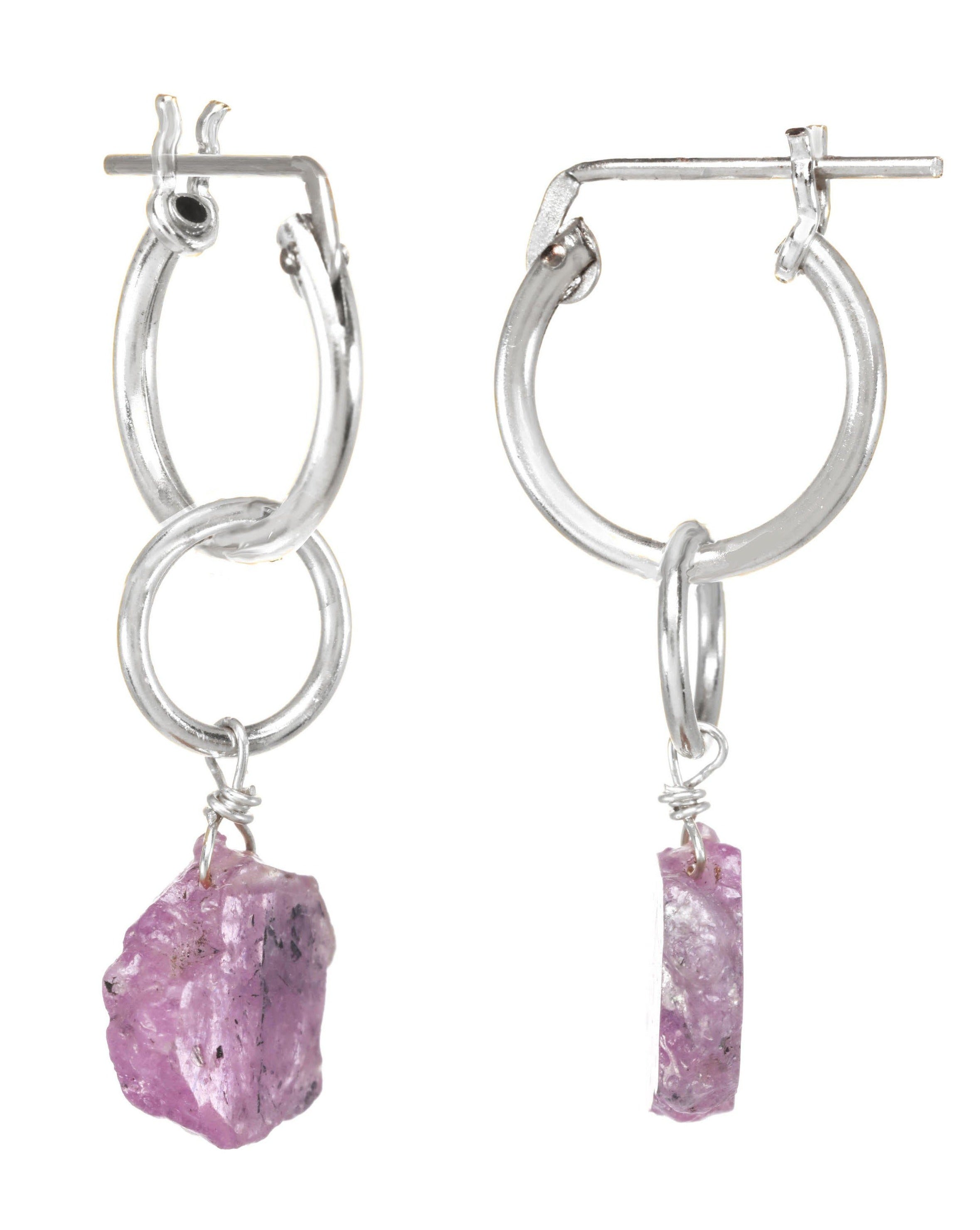 Sugar Earrings by KOZAKH. 12mm snap closure hoop earrings, with 1 inch drop length, crafted in Sterling Silver, featuring a Pink Tourmaline slice.