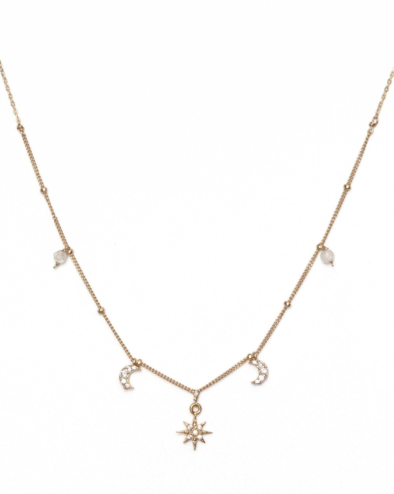 Tara Necklace by KOZAKH. A 16 to 18 inch adjustable length necklace, crafted in 14K Gold Filled, featuring 3mm faceted Moonstones, a Cubic Zirconia encrusted 6 point star charm, and Cubic Zirconia encrusted moon charms.
