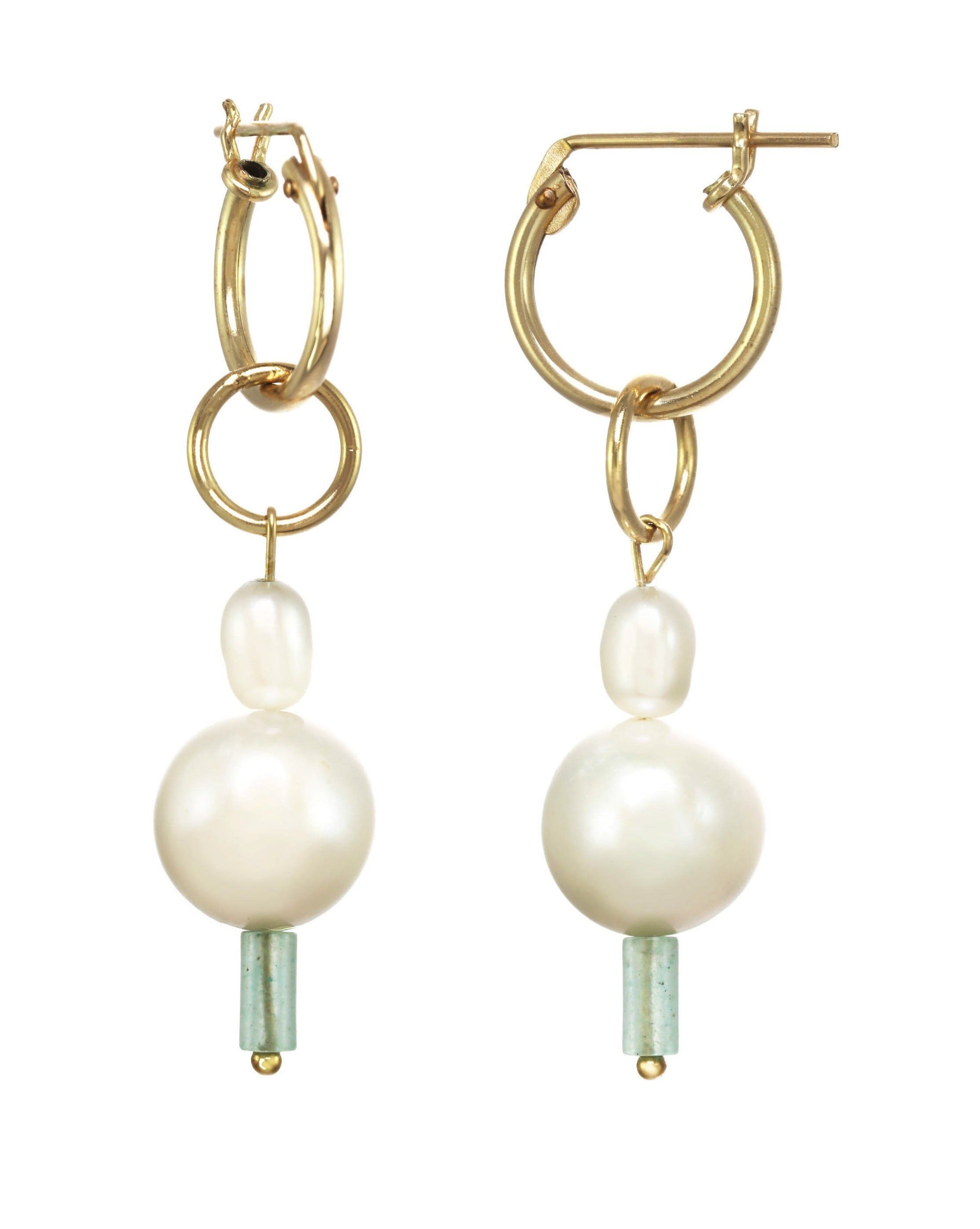 Tati Earrings by KOZAKH. Hoop earrings with 1.5 inches drop length, crafted in 14K Gold Filled, featuring a round freshwater pearl, a freshwater rice pearl, and a cylindrical Aventurine bead.